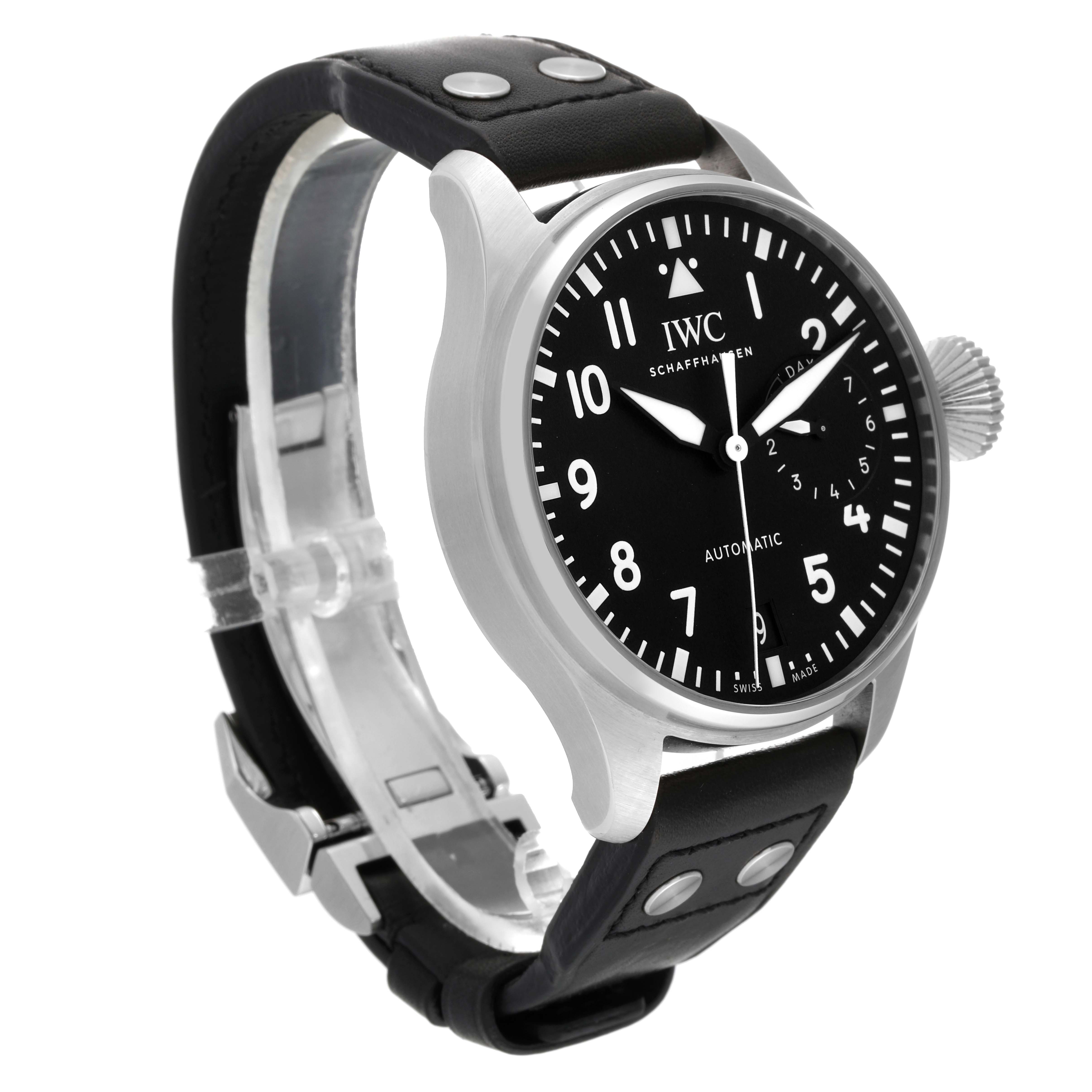 The image shows an angled view of an IWC Pilot IW501001 Men
s Stainless Steel Black Dial IW501001 Men
s Stainless Steel Black Dial watch, highlighting its face, bezel, leather strap, and crown.