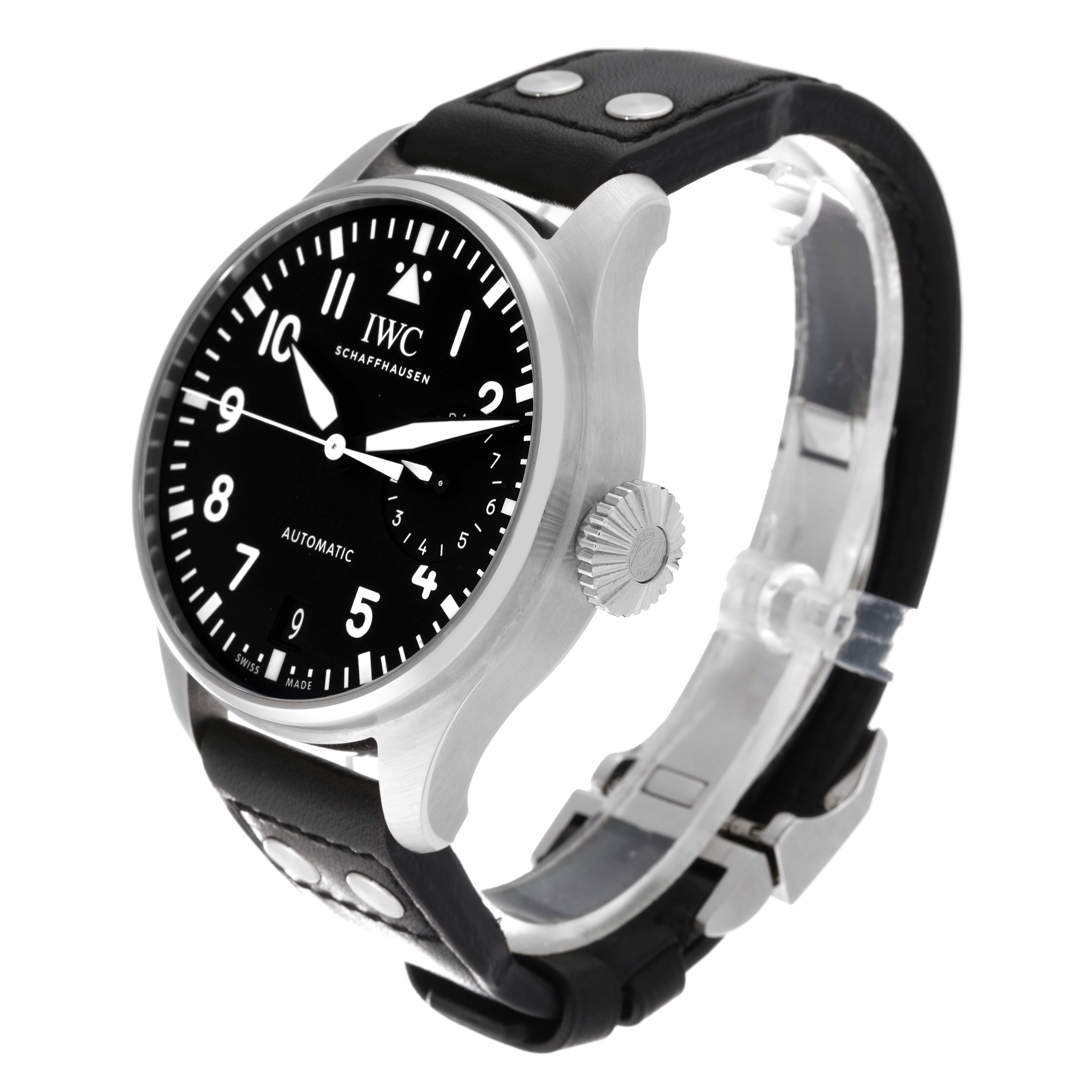 The IWC Pilot IW501001 Men
s Stainless Steel Black Dial IW501001 Men
s Stainless Steel Black Dial model watch is shown at a side angle, displaying the face, crown, bezel, and part of the strap.