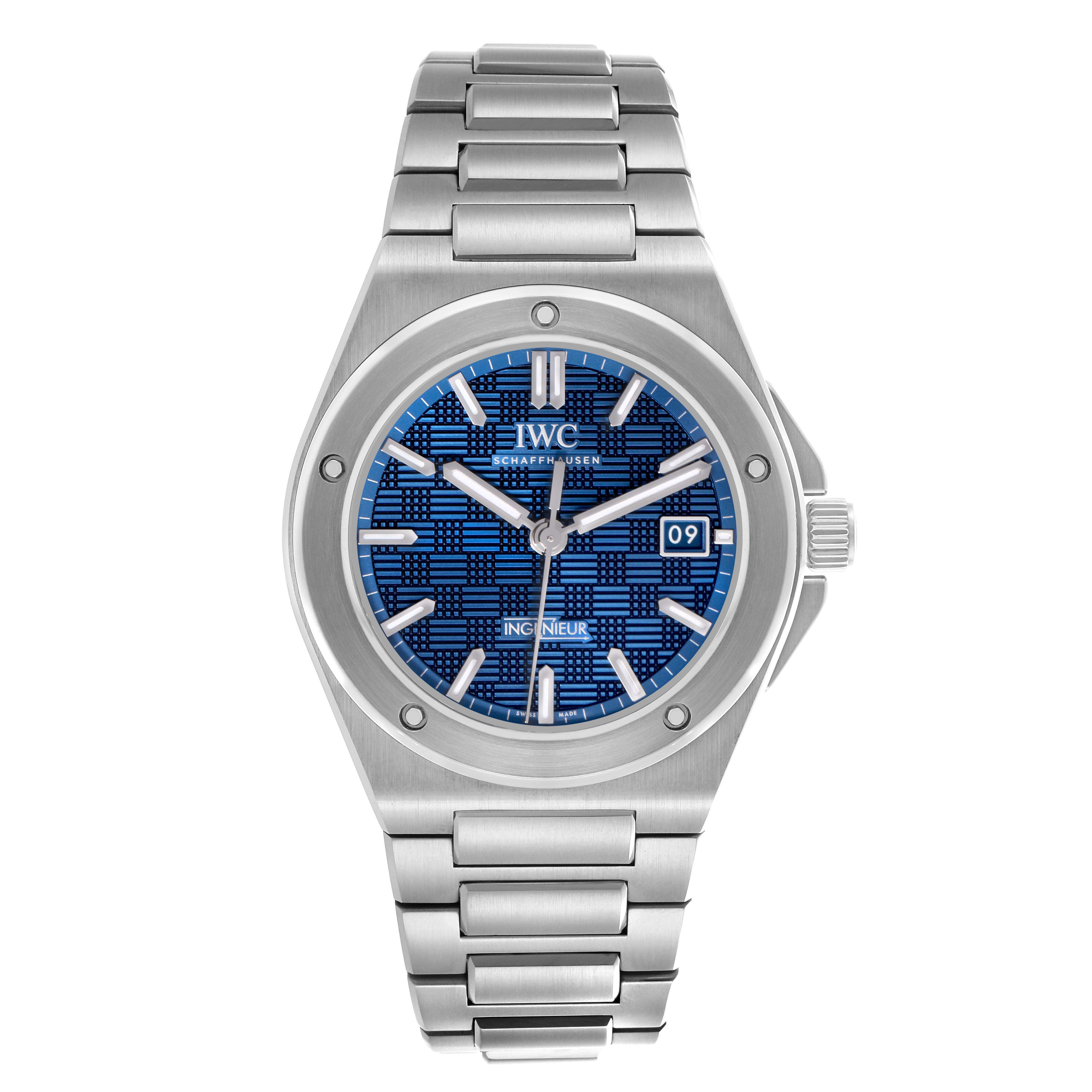 The IWC Ingenieur IW328907 Men
s Stainless Steel Blue Dial IW328907 Men
s Stainless Steel Blue Dial watch is shown from a front angle, highlighting the blue patterned dial, stainless steel case, and bracelet.