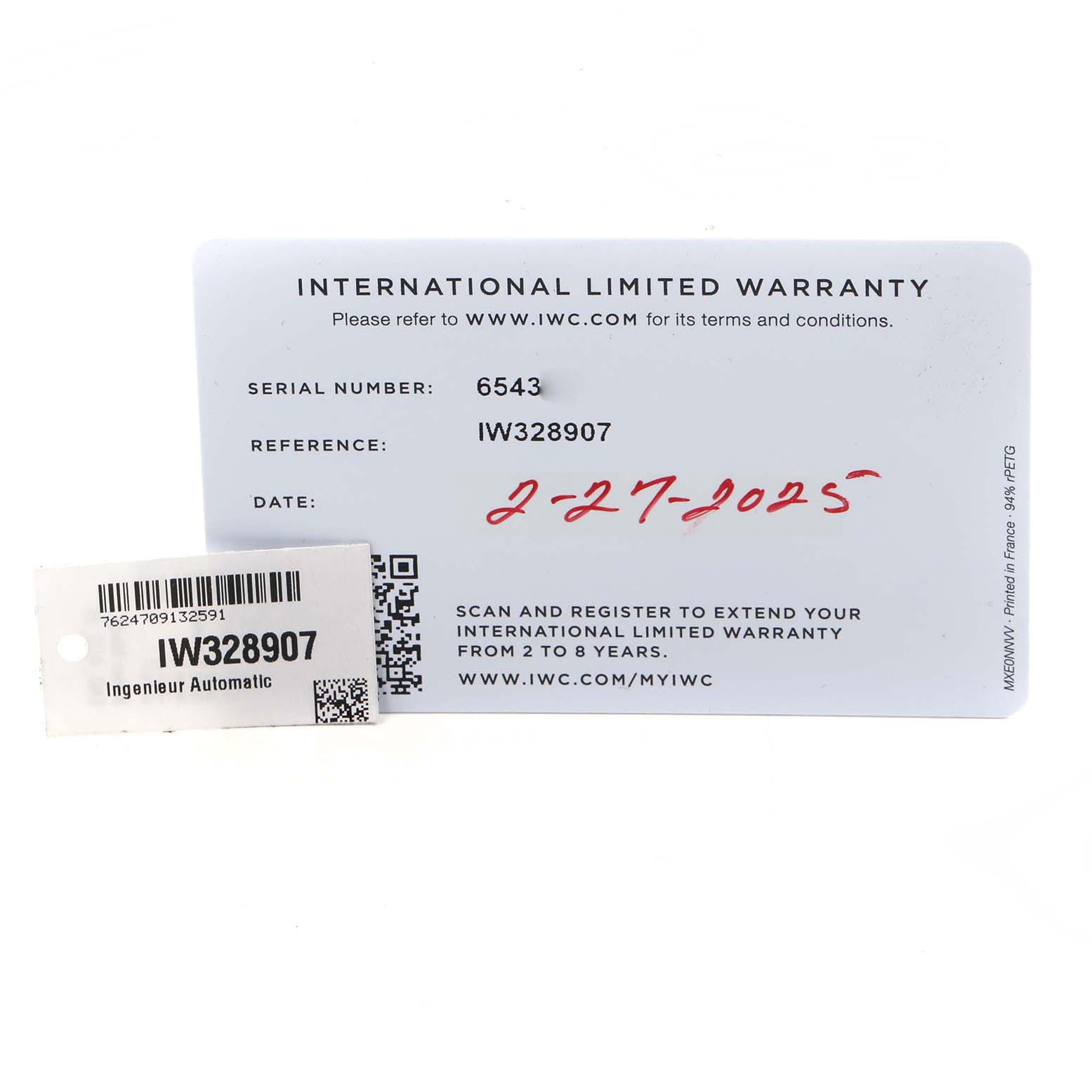 The image shows warranty cards and tags for the IWC Ingenieur IW328907 Men
s Stainless Steel Blue Dial IW328907 Men
s Stainless Steel Blue Dial model, featuring the serial number, reference, and warranty details.
