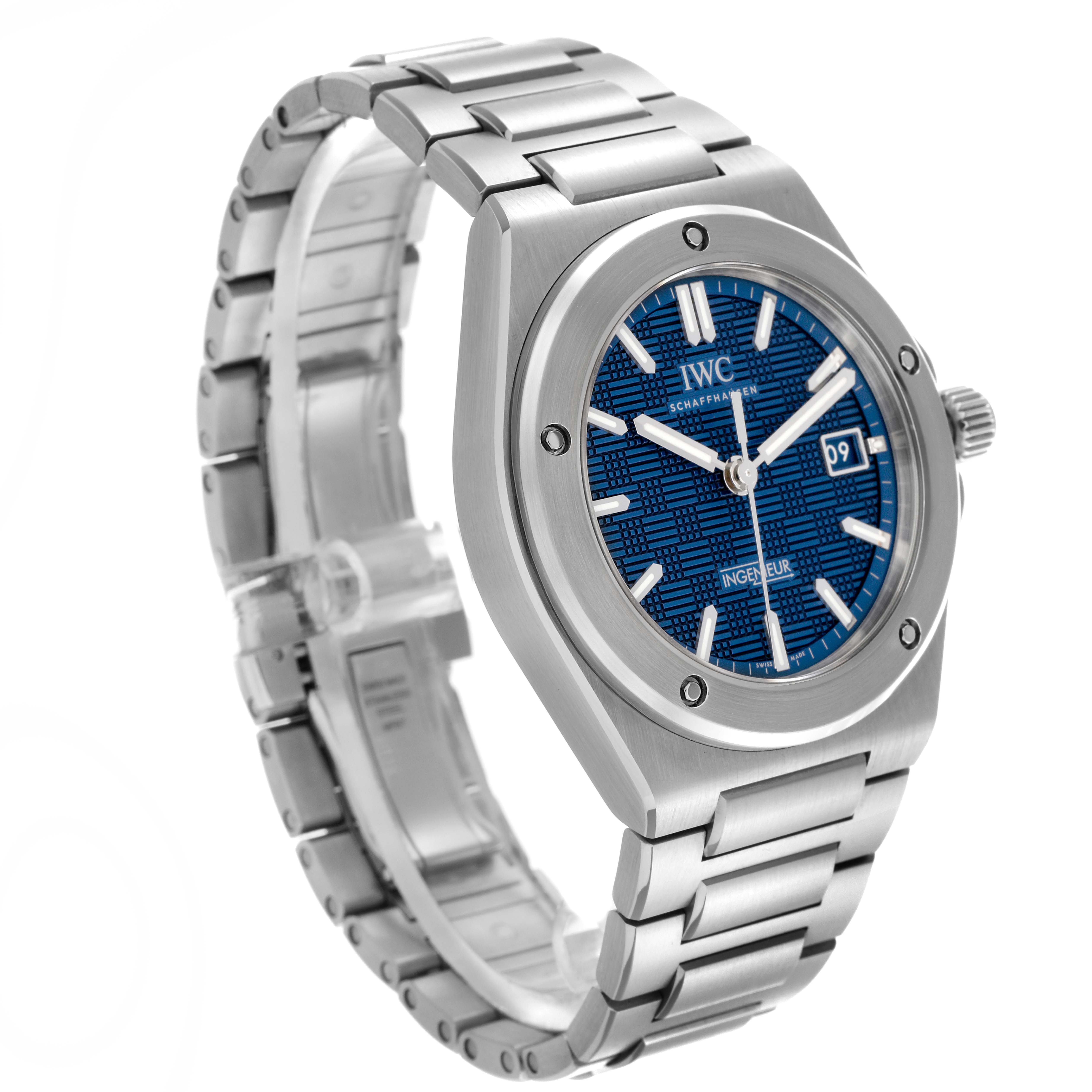 The IWC Ingenieur IW328907 Men
s Stainless Steel Blue Dial IW328907 Men
s Stainless Steel Blue Dial watch is shown at a slightly elevated side angle, displaying the blue dial, bezel, and stainless steel bracelet.