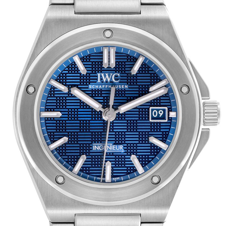 The image shows a frontal view of the IWC Ingenieur watch, highlighting its blue textured dial and stainless steel case.