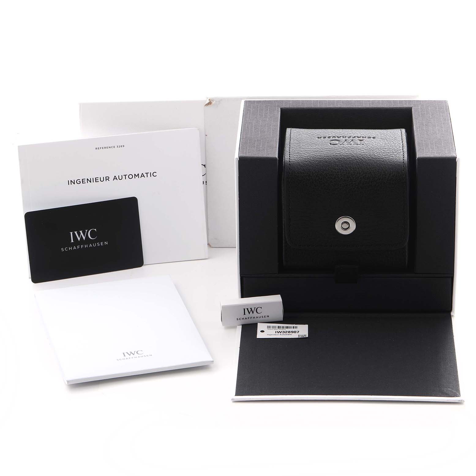 The image shows the IWC Ingenieur IW328907 Men
s Stainless Steel Blue Dial IW328907 Men
s Stainless Steel Blue Dial model packaging, with the watch box, manuals, and warranty card visible at a frontal angle.