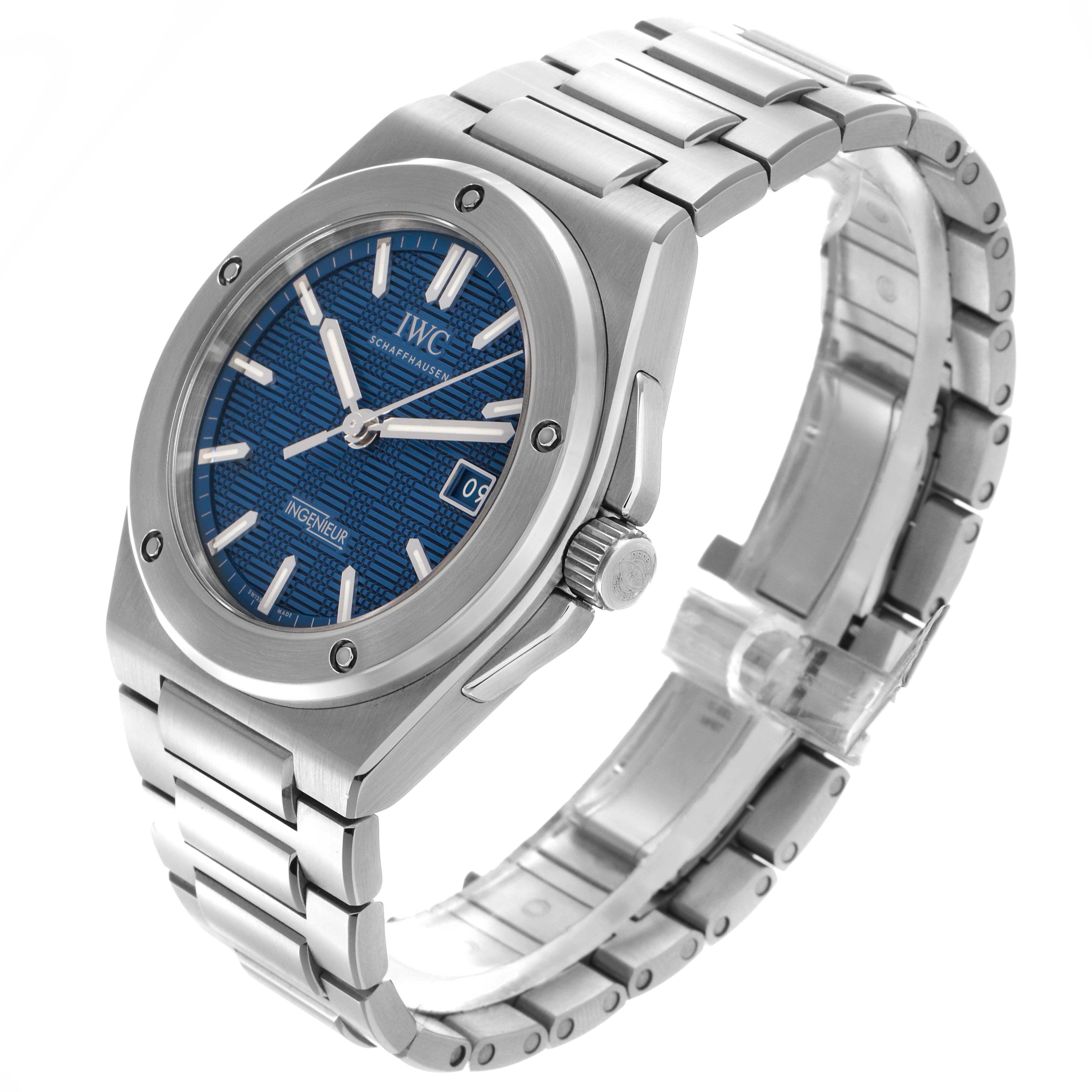 The IWC Ingenieur IW328907 Men
s Stainless Steel Blue Dial IW328907 Men
s Stainless Steel Blue Dial watch is shown at a three-quarter angle displaying the face, bezel, crown, and stainless steel bracelet.