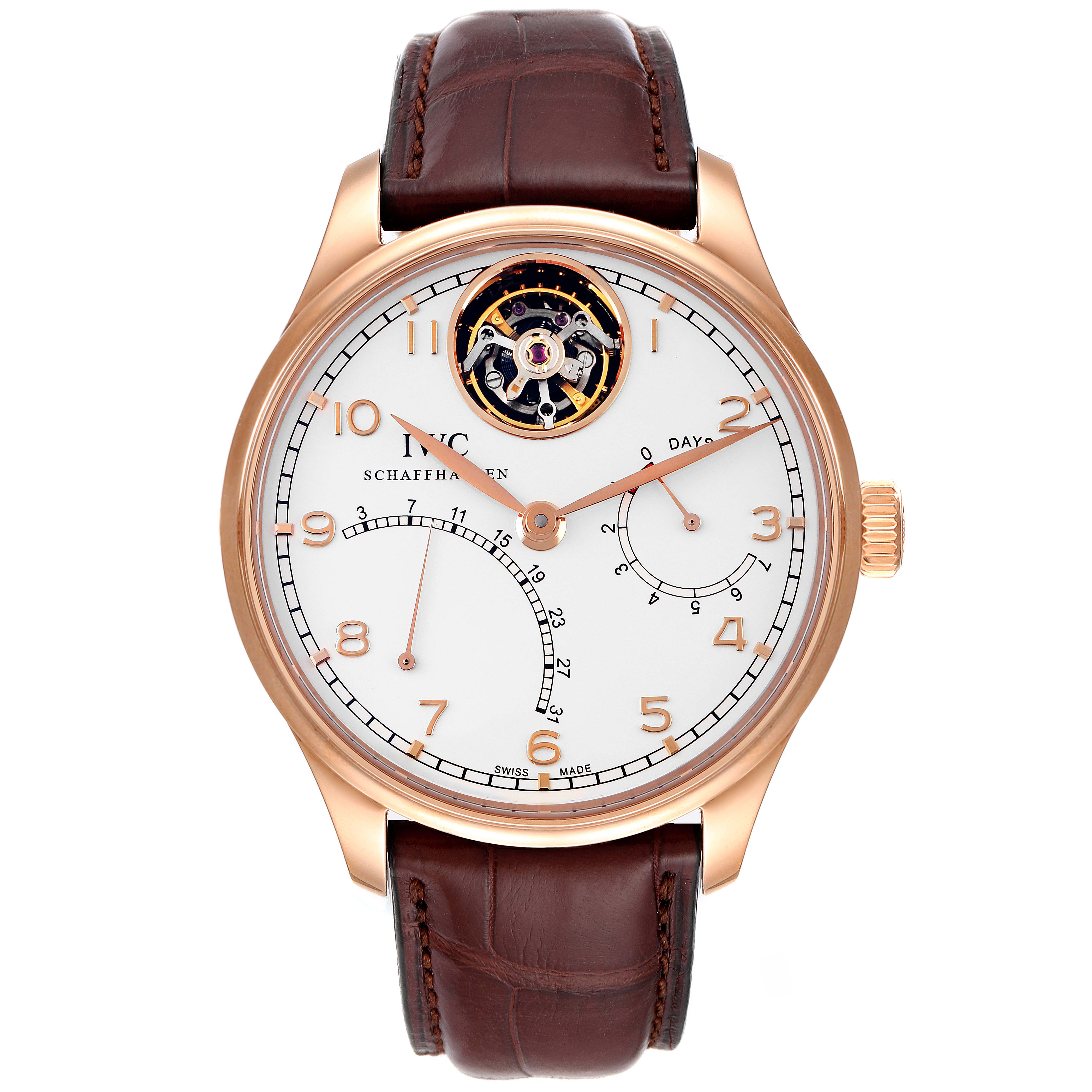 The image shows a front view of the IWC Portuguese IW504402 Men
s Rose Gold Silver Dial IW504402 Men
s Rose Gold Silver Dial model watch, highlighting the dial, hands, numbers, and tourbillon.