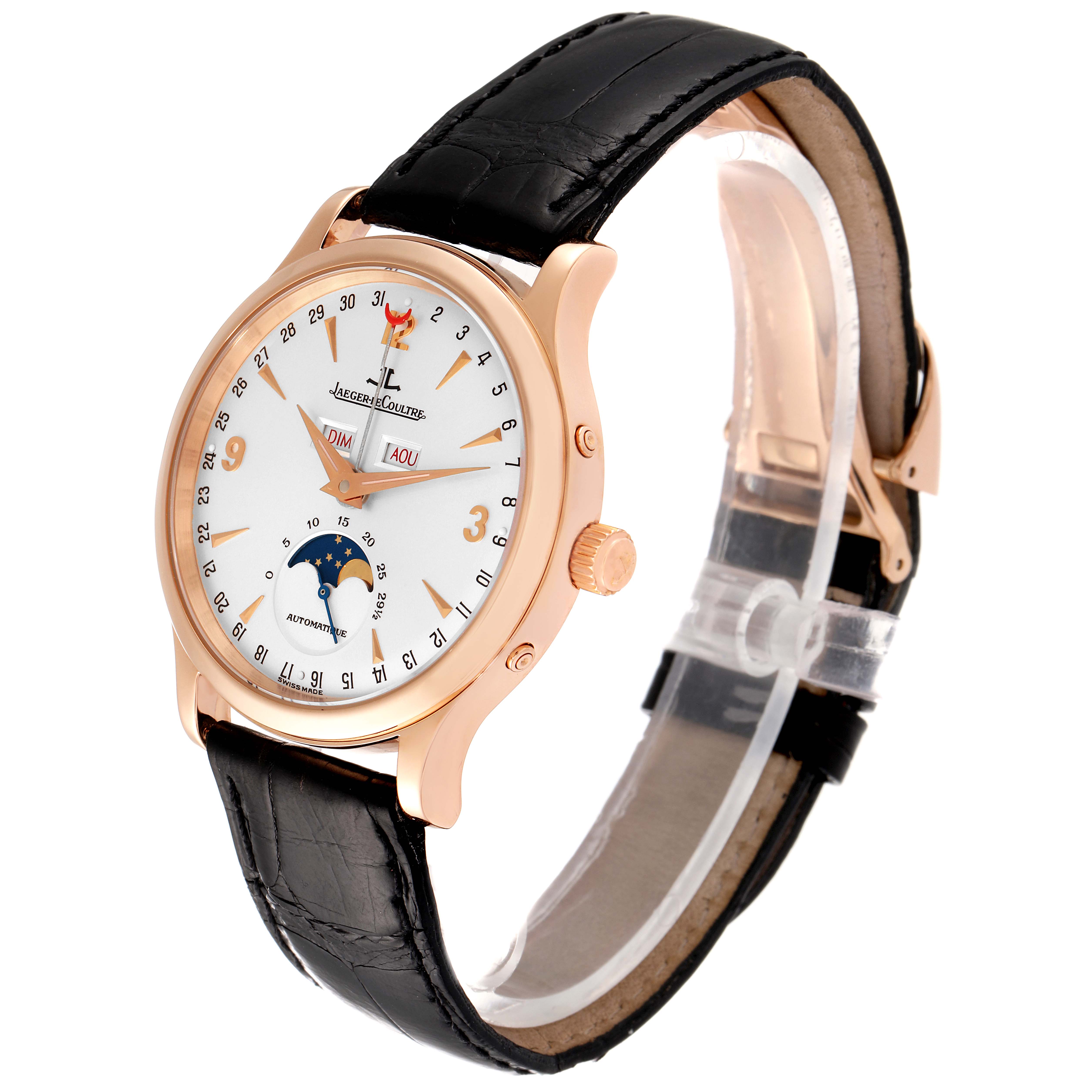 The image shows a Jaeger LeCoultre Master 140.2.98.S Men's Rose Gold Silver Dial 140.2.98.S Men's Rose Gold Silver Dial model watch from a three-quarter angle, highlighting the dial, strap, and crown.