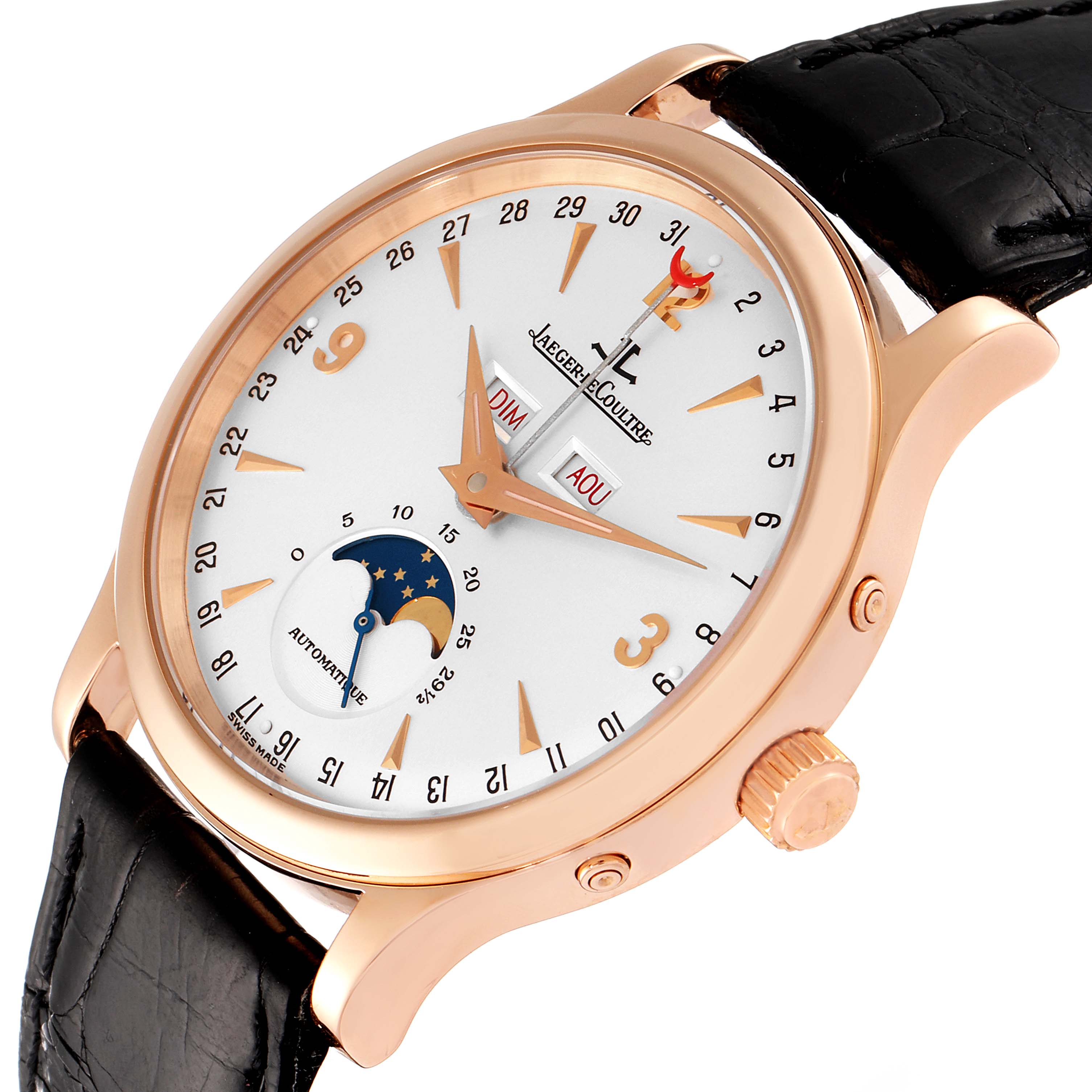 The image shows the front and right-side angle of a Jaeger LeCoultre Master 140.2.98.S Men's Rose Gold Silver Dial 140.2.98.S Men's Rose Gold Silver Dial model watch with a gold case, black strap, and visible dial details.