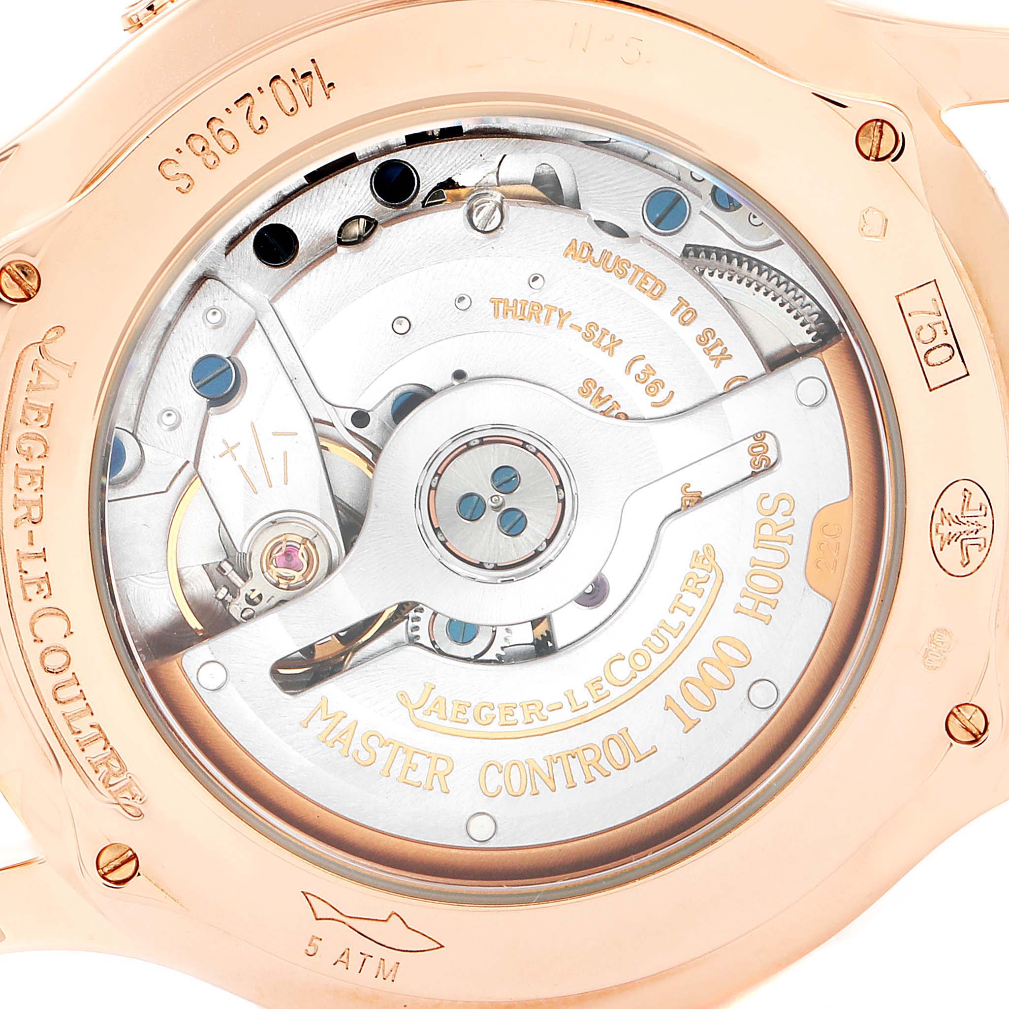 The image shows the back view of a Jaeger-LeCoultre Master model watch, highlighting the movement and engravings.
