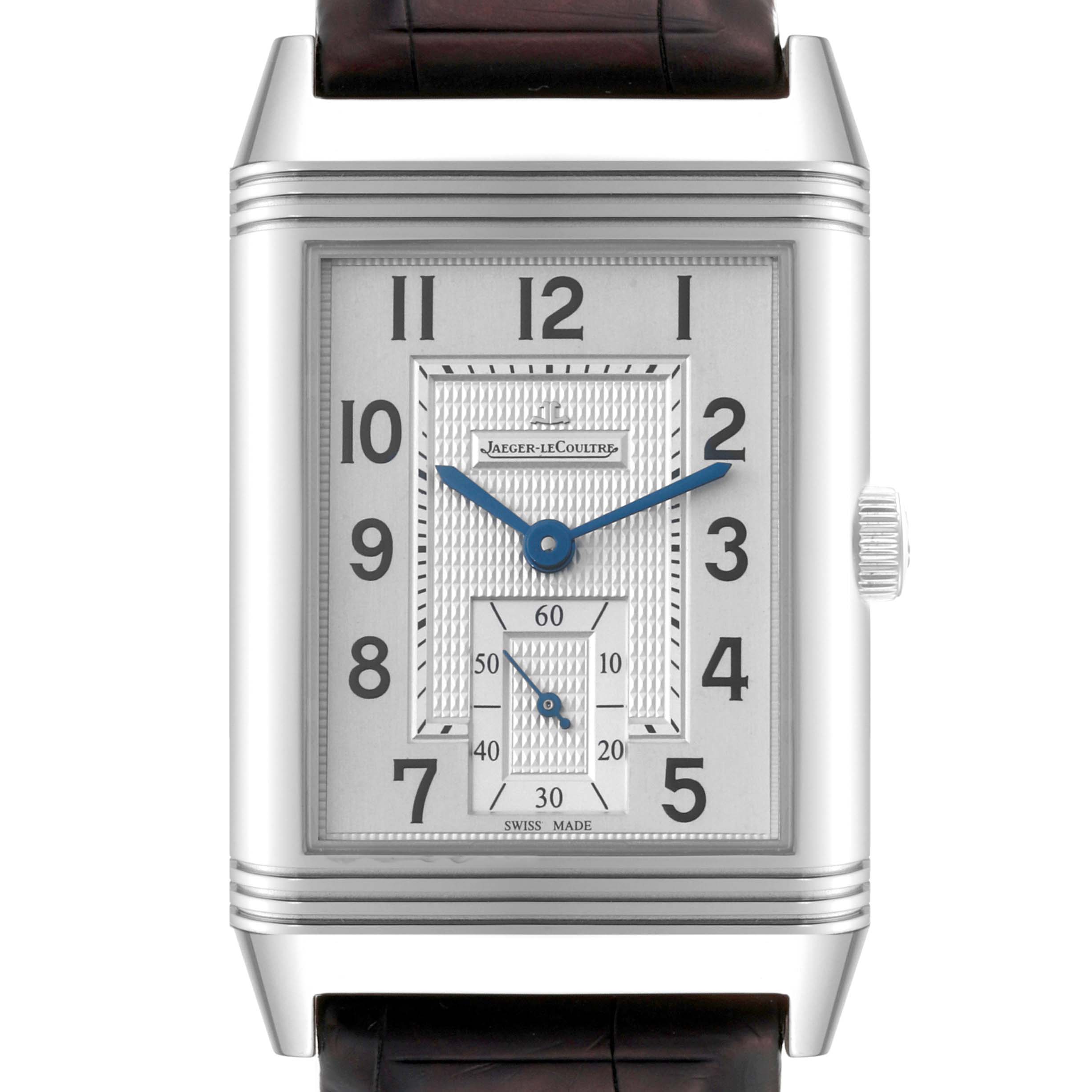 The image shows a front view of the Jaeger LeCoultre Reverso Q3738420 Men
s Stainless Steel Silver Dial Q3738420 Men
s Stainless Steel Silver Dial watch, highlighting its rectangular dial and leather strap.