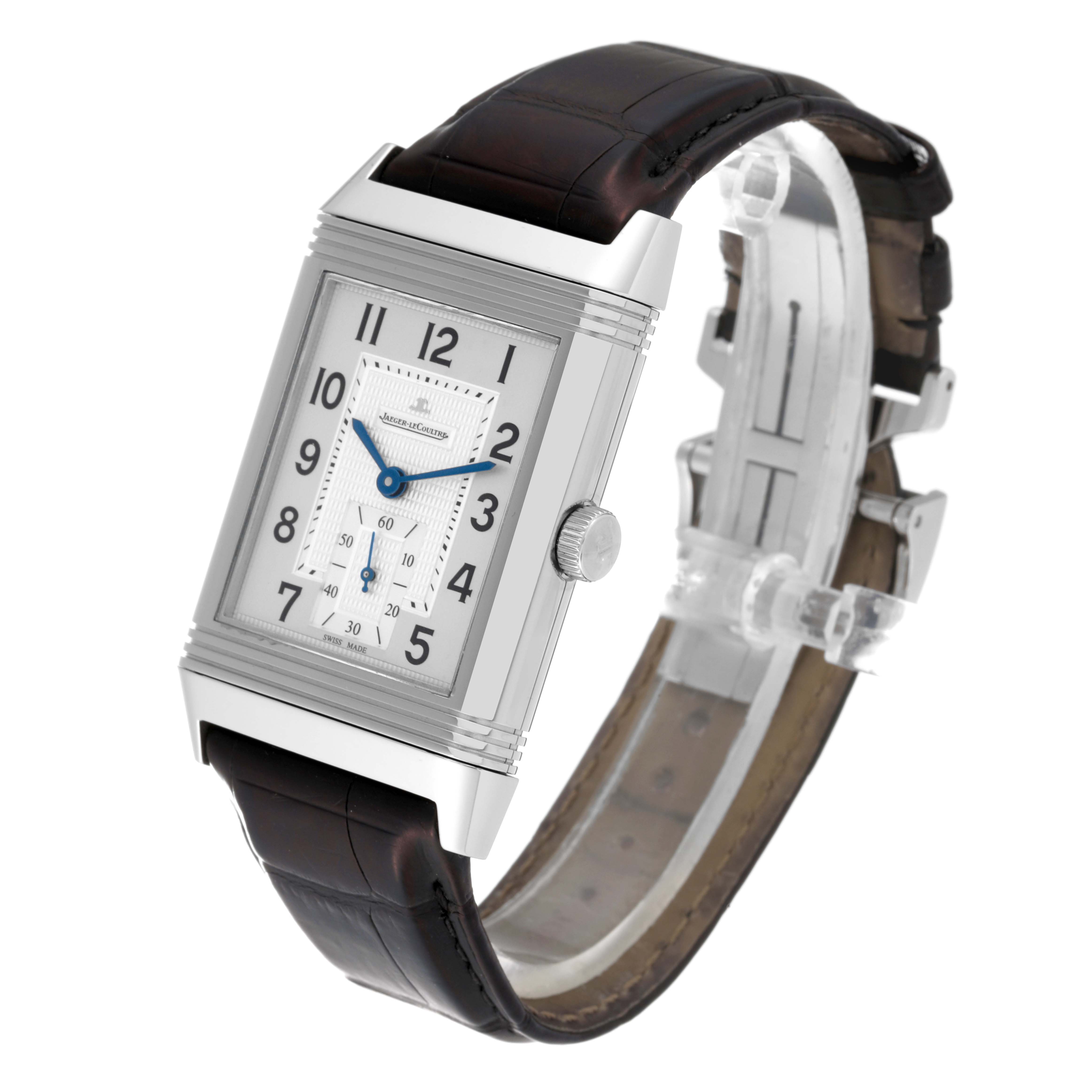 This image shows a Jaeger-LeCoultre Reverso watch from an angled side view, highlighting the rectangular face and leather strap.