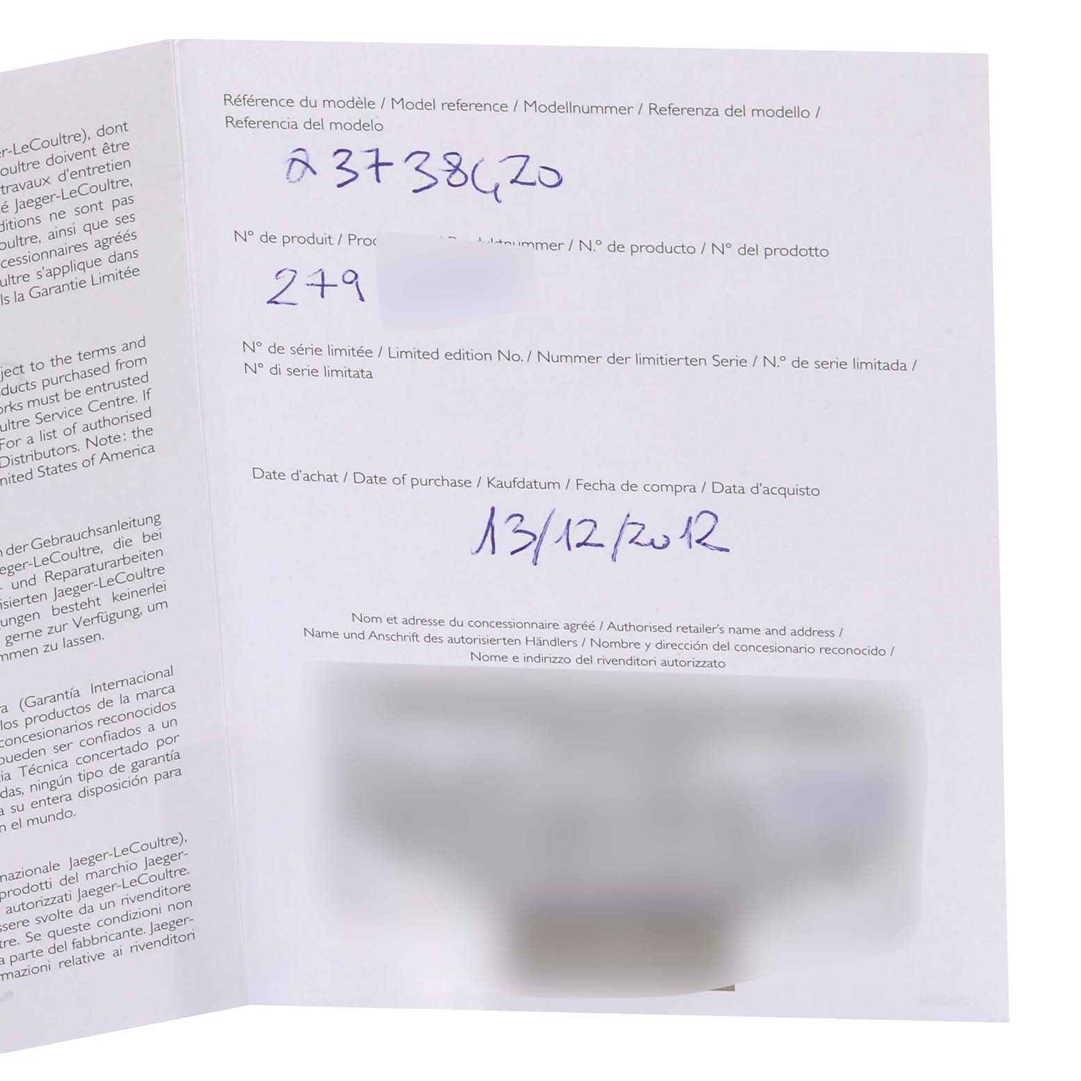 This image shows the warranty card and details for a Jaeger LeCoultre Reverso Q3738420 Men
s Stainless Steel Silver Dial Q3738420 Men
s Stainless Steel Silver Dial watch, including model reference, product number, and purchase date.