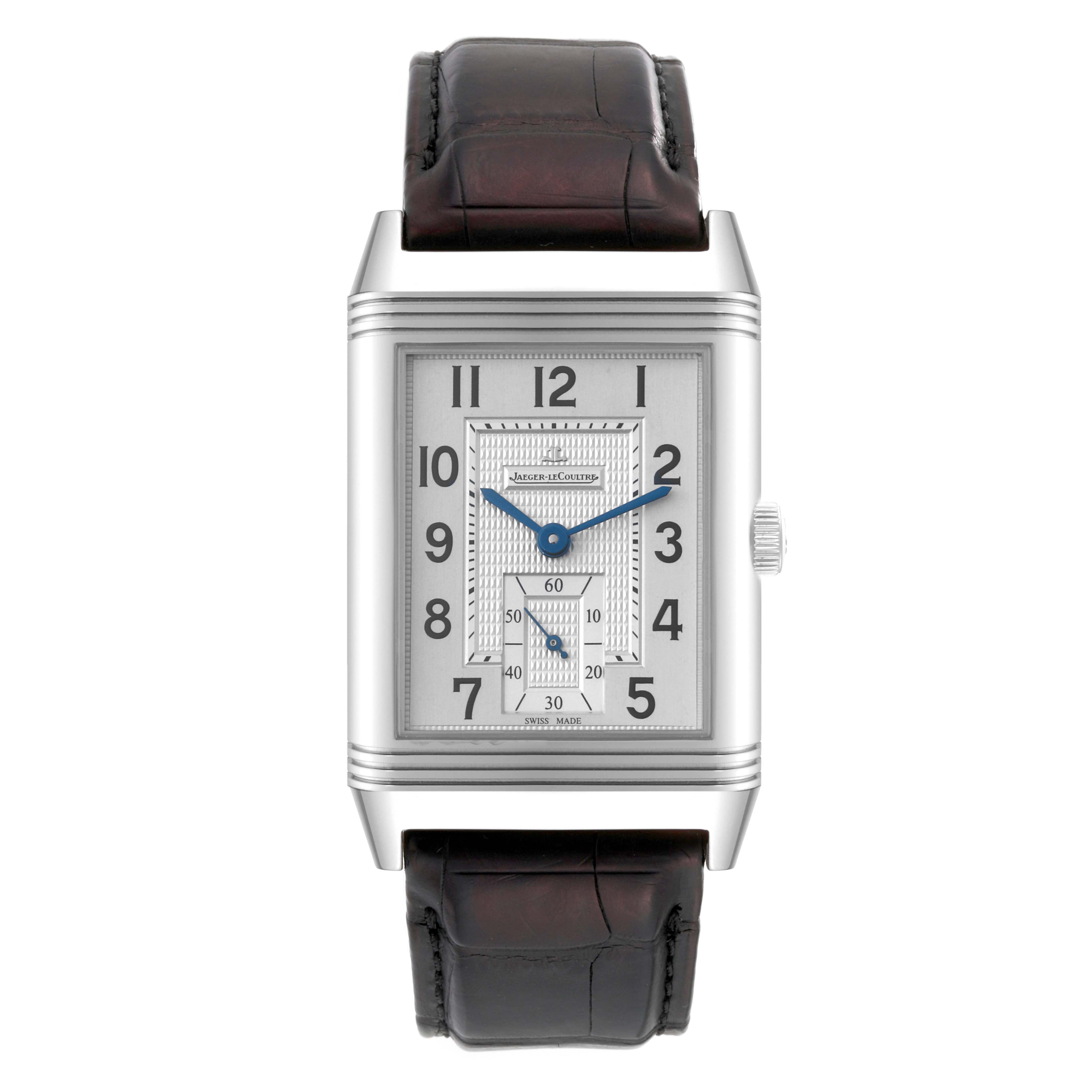 This Jaeger LeCoultre Reverso Q3738420 Men
s Stainless Steel Silver Dial Q3738420 Men
s Stainless Steel Silver Dial watch is shown from the front, displaying its rectangular face, dial, and leather strap.
