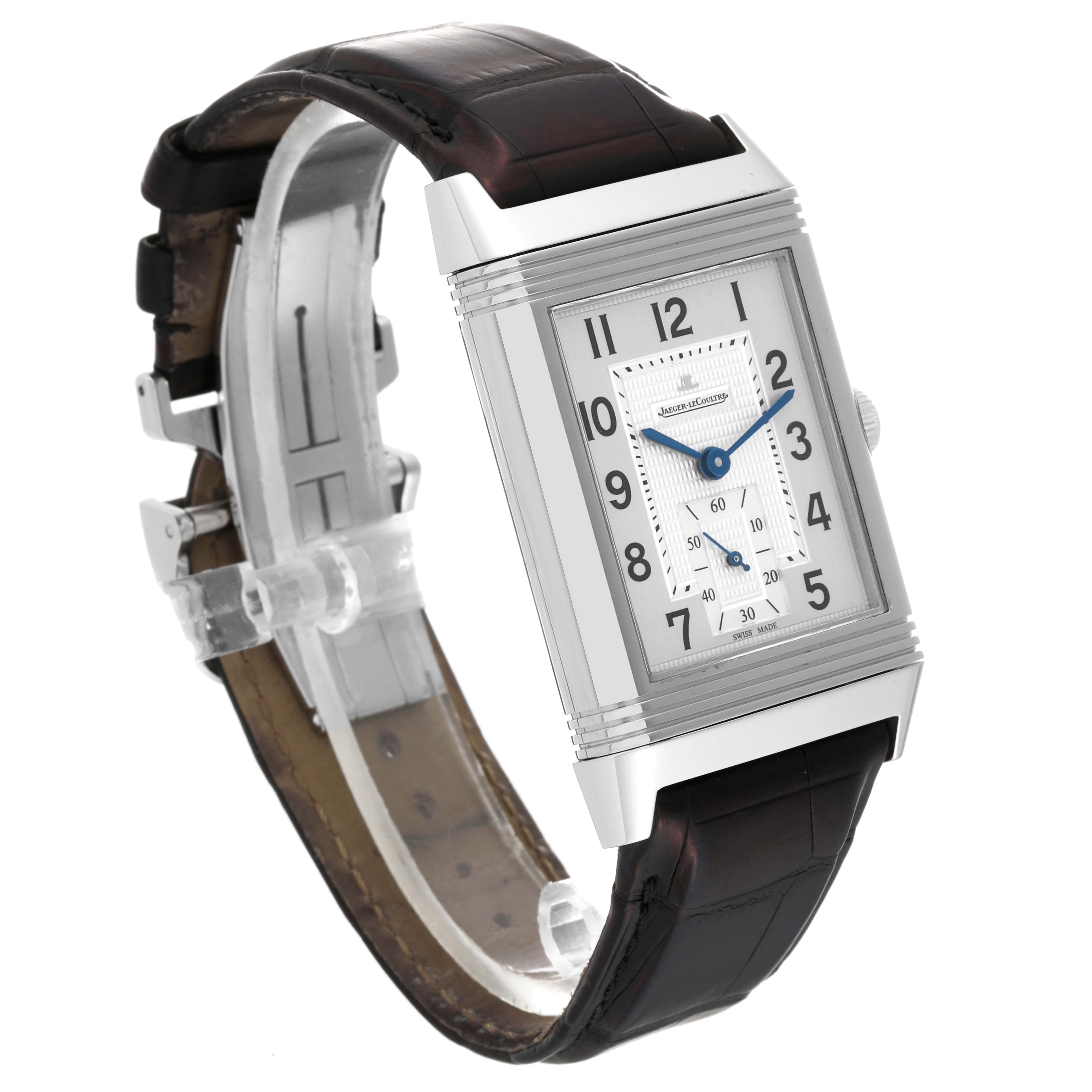 This Jaeger LeCoultre Reverso Q3738420 Men
s Stainless Steel Silver Dial Q3738420 Men
s Stainless Steel Silver Dial watch is shown at a three-quarter angle highlighting its rectangular face and strap.