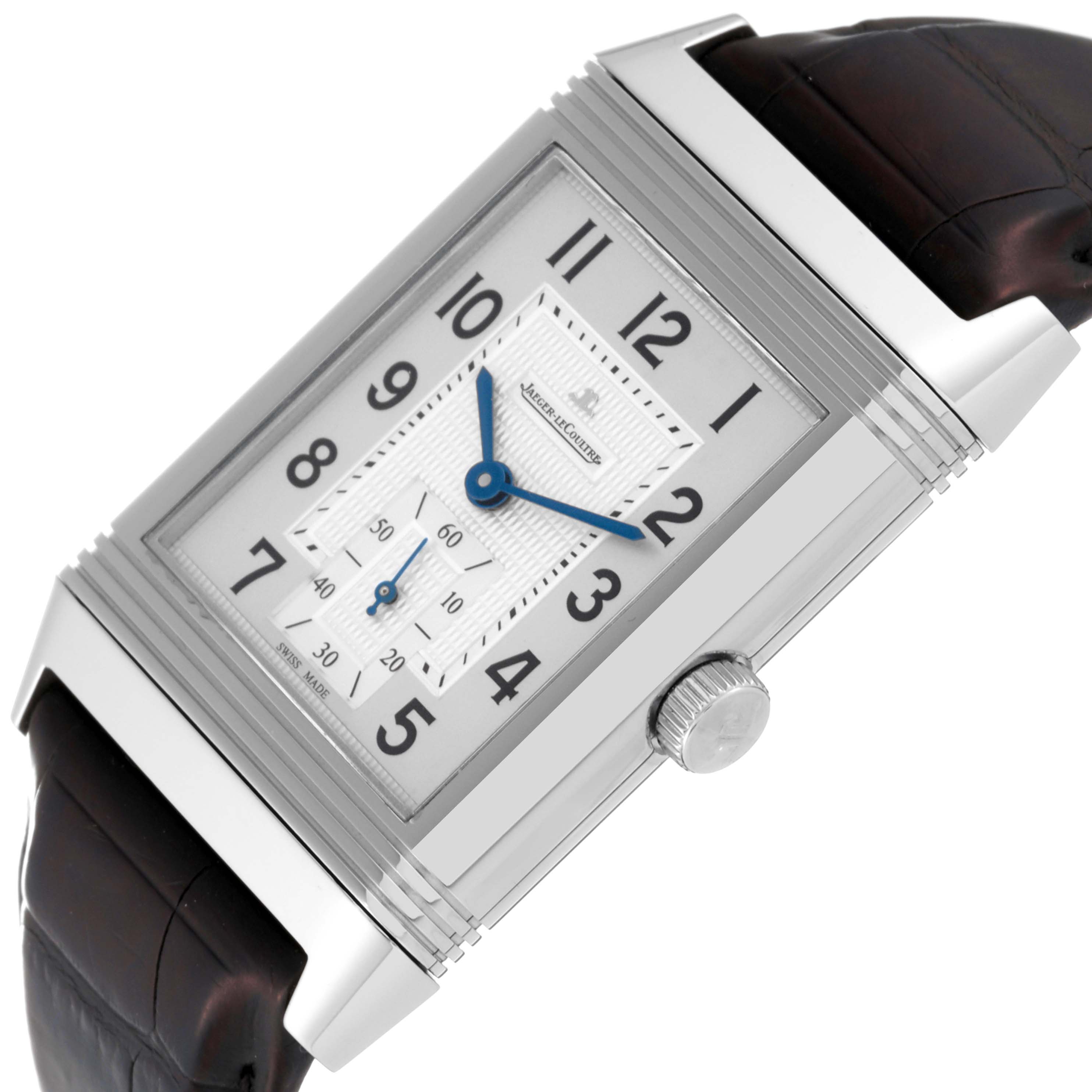 This image shows a close-up angle of the Jaeger LeCoultre Reverso Q3738420 Men
s Stainless Steel Silver Dial Q3738420 Men
s Stainless Steel Silver Dial watch, highlighting its face, crown, and leather strap.