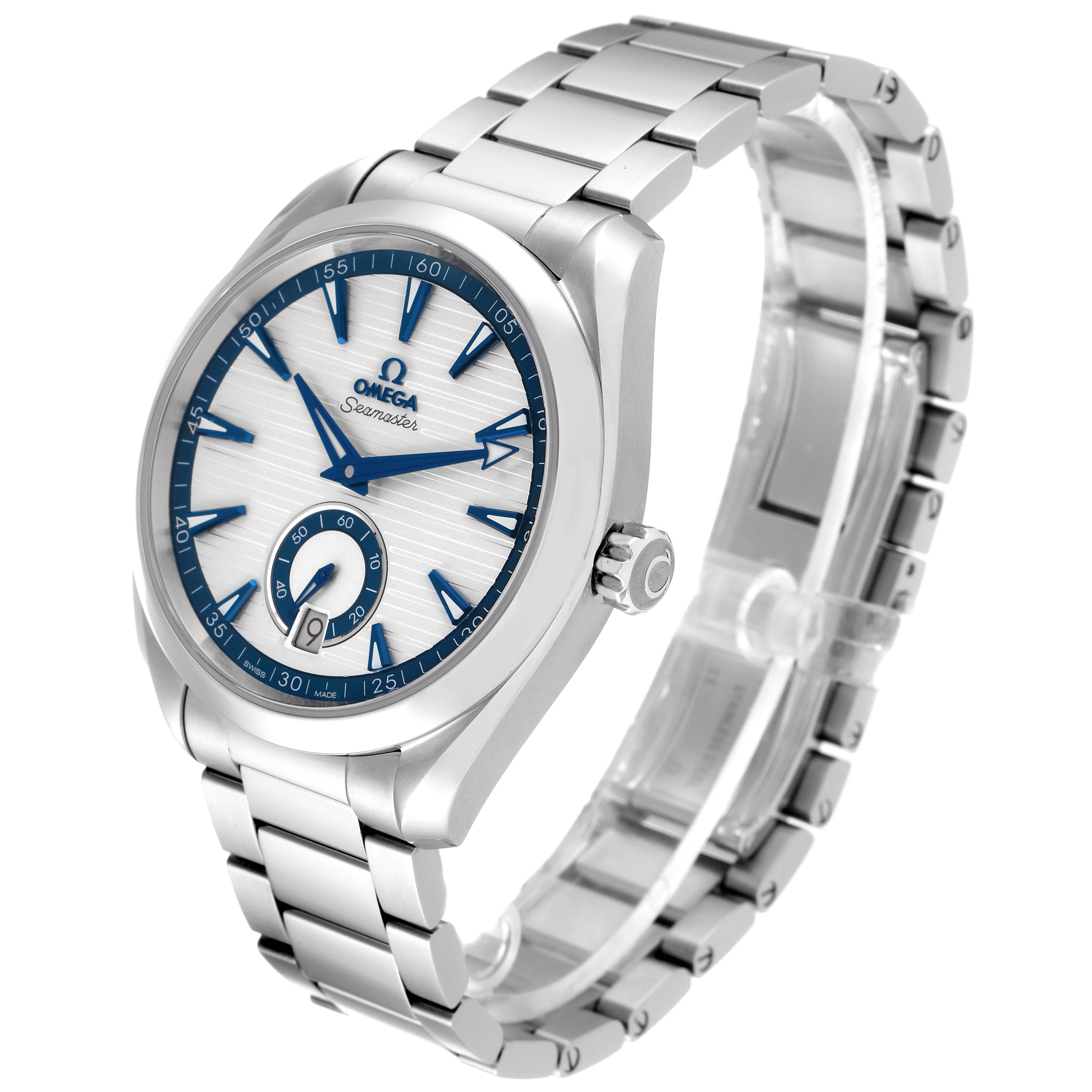 The image shows an Omega Aqua Terra 220.10.41.21.02.004 Men's Stainless Steel Silver Dial 220.10.41.21.02.004 Men's Stainless Steel Silver Dial watch at a three-quarter angle, highlighting the face, bezel, crown, and metal bracelet.