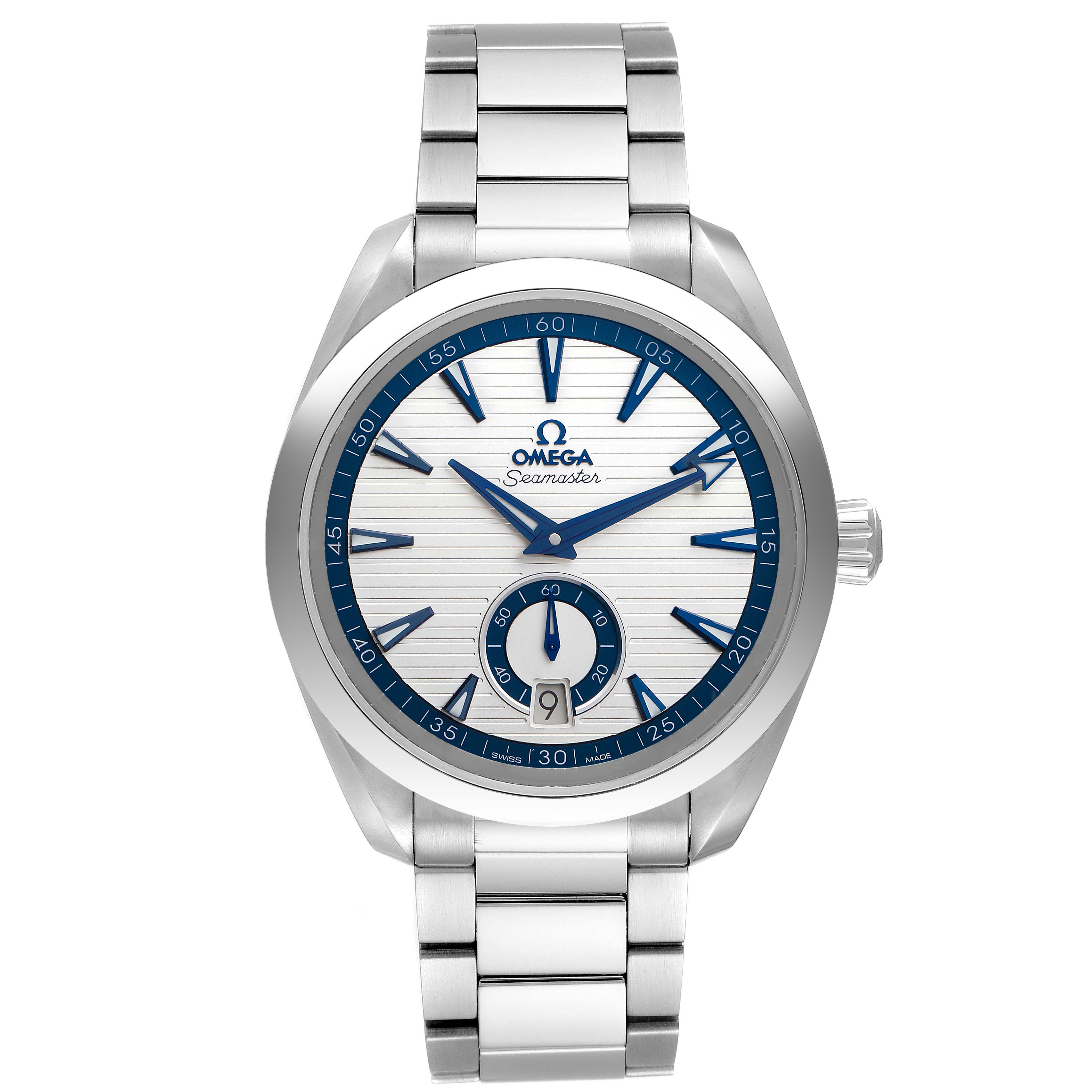 The image shows the Omega Aqua Terra 220.10.41.21.02.004 Men's Stainless Steel Silver Dial 220.10.41.21.02.004 Men's Stainless Steel Silver Dial watch from a front angle, displaying its face, dial, and stainless steel bracelet.