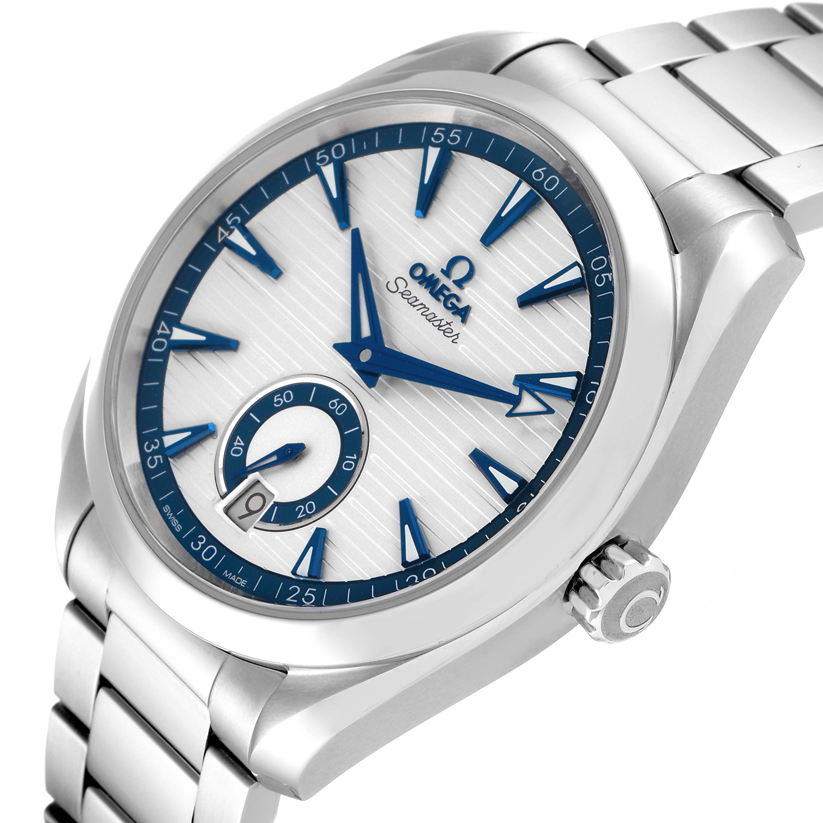 The Omega Aqua Terra 220.10.41.21.02.004 Men's Stainless Steel Silver Dial 220.10.41.21.02.004 Men's Stainless Steel Silver Dial watch is shown at an angle highlighting the face, crown, and part of the bracelet.