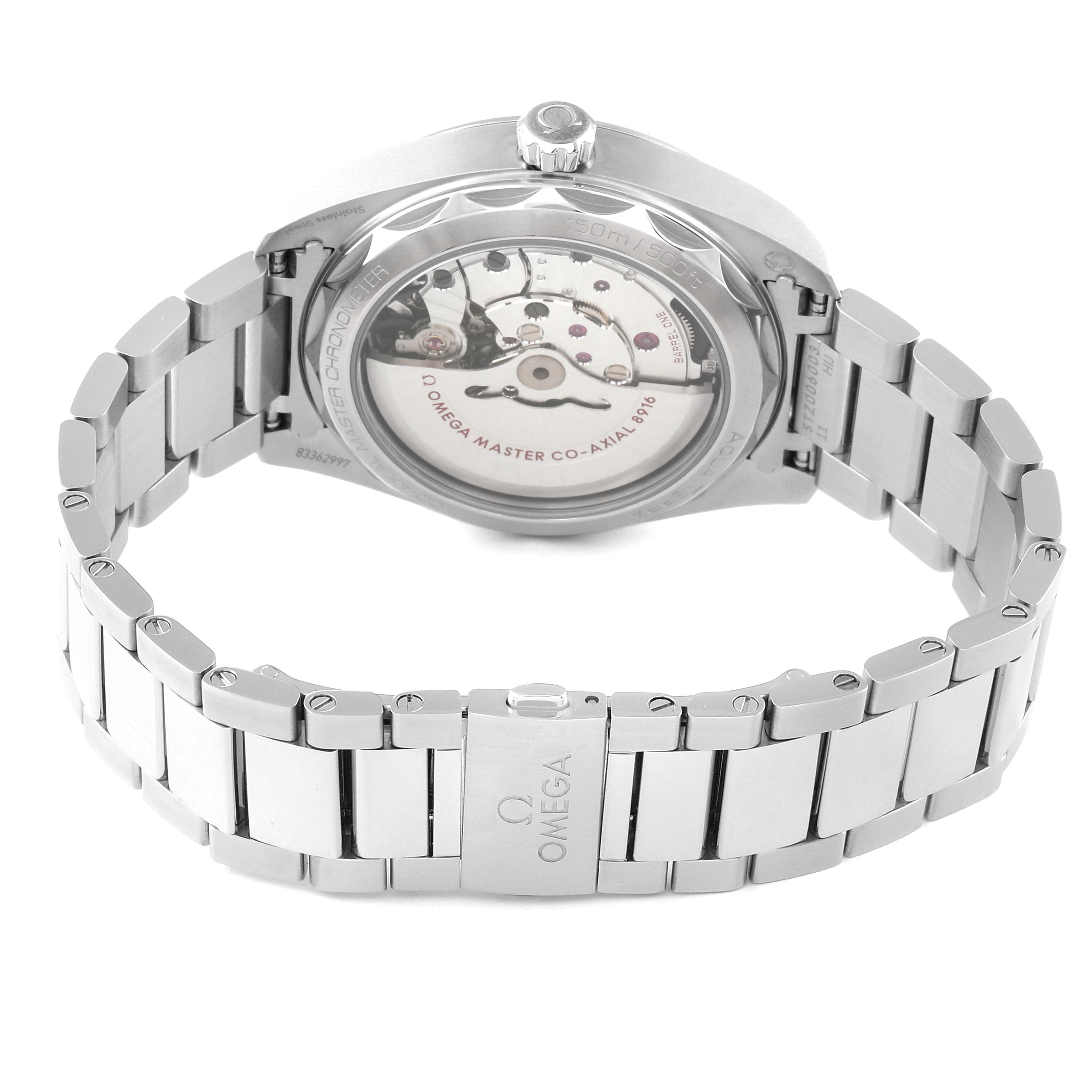 The image shows the back view of the Omega Aqua Terra 220.10.41.21.02.004 Men's Stainless Steel Silver Dial 220.10.41.21.02.004 Men's Stainless Steel Silver Dial watch, highlighting its open case back and bracelet.