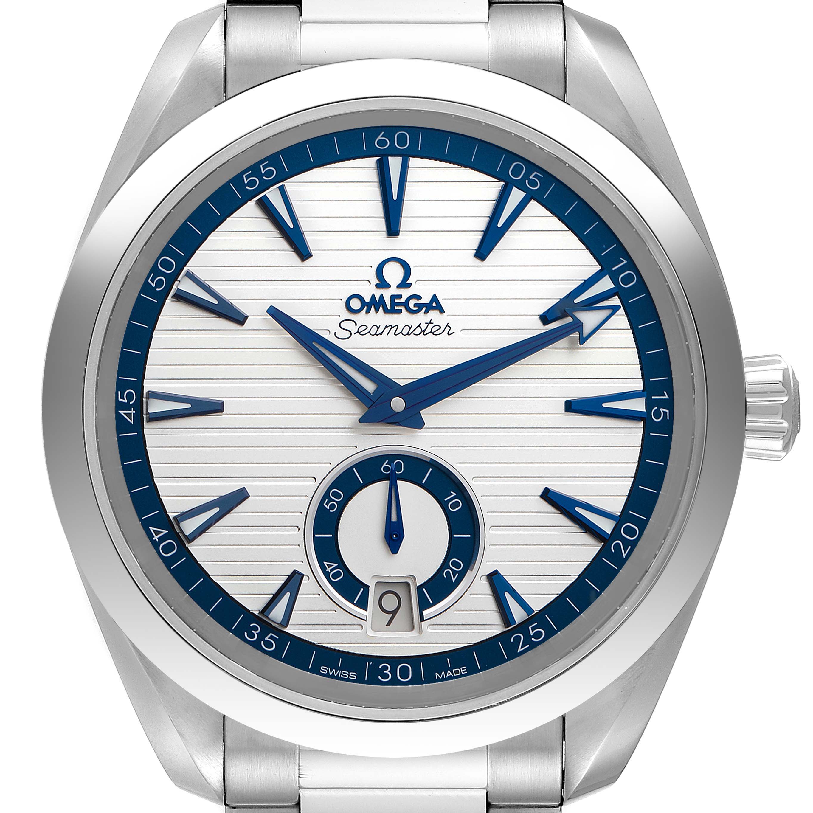 This image shows a front view of an Omega Aqua Terra 220.10.41.21.02.004 Men's Stainless Steel Silver Dial 220.10.41.21.02.004 Men's Stainless Steel Silver Dial Seamaster watch, highlighting the face, hands, and crown.