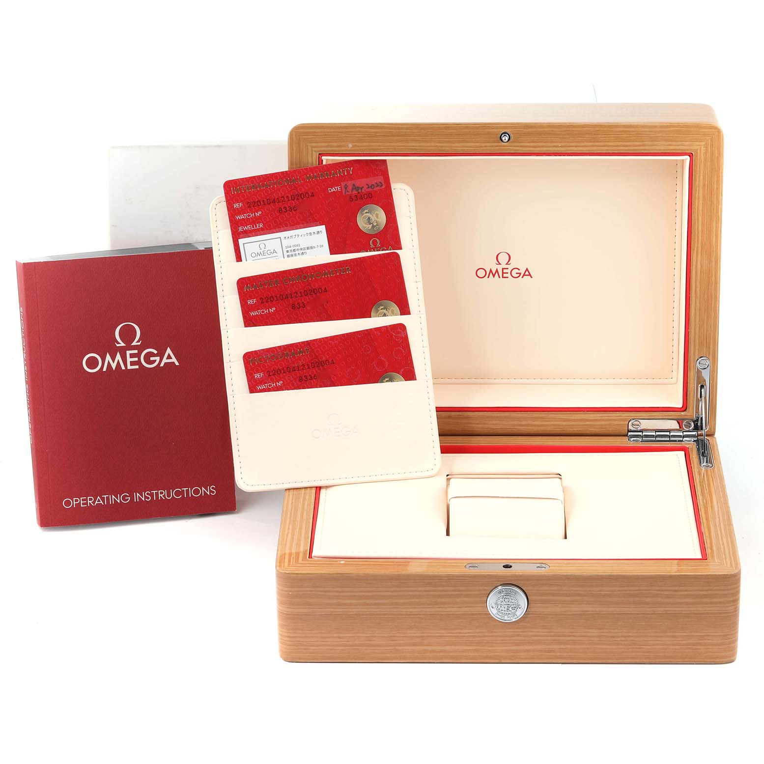 The image shows the packaging, cards, and manual for the Omega Aqua Terra 220.10.41.21.02.004 Men's Stainless Steel Silver Dial 220.10.41.21.02.004 Men's Stainless Steel Silver Dial watch model.
