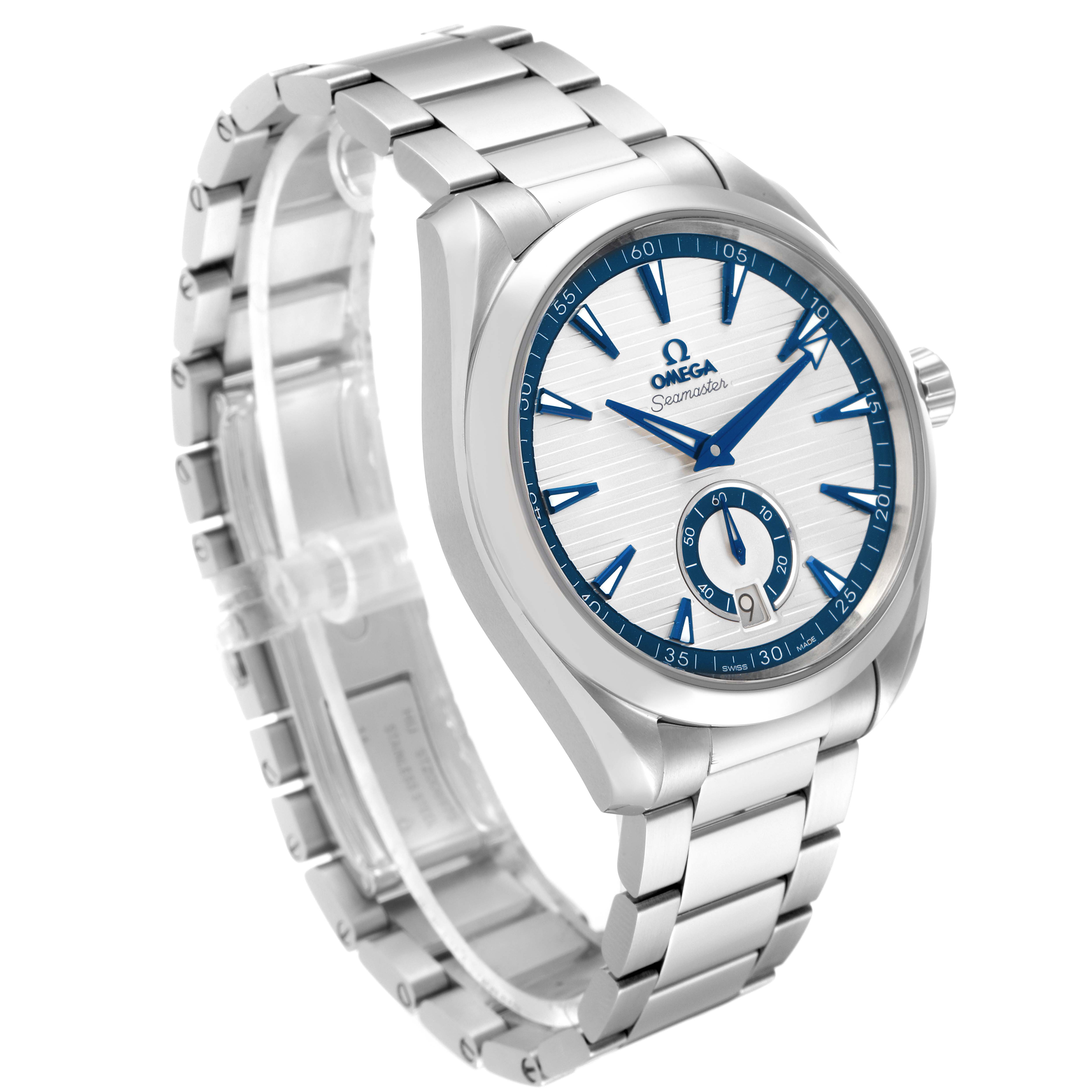 The image shows a side angle of an Omega Aqua Terra 220.10.41.21.02.004 Men's Stainless Steel Silver Dial 220.10.41.21.02.004 Men's Stainless Steel Silver Dial watch, highlighting its stainless steel bracelet, case, and dial.