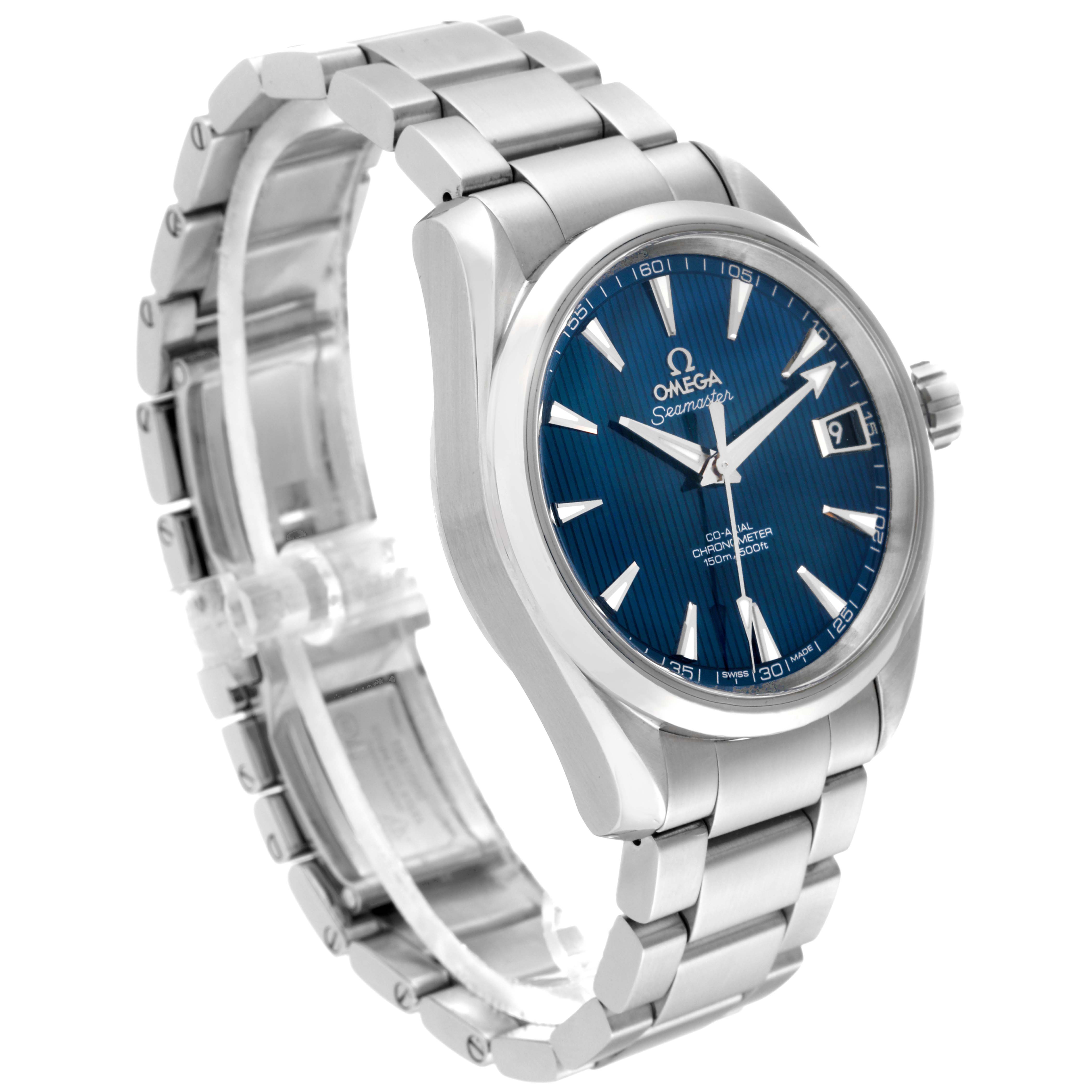 The image shows an Omega Aqua Terra 231.10.39.21.03.001 Men
s Stainless Steel Blue Dial 231.10.39.21.03.001 Men
s Stainless Steel Blue Dial watch at a three-quarter angle, displaying its blue dial, bracelet, and part of the clasp.