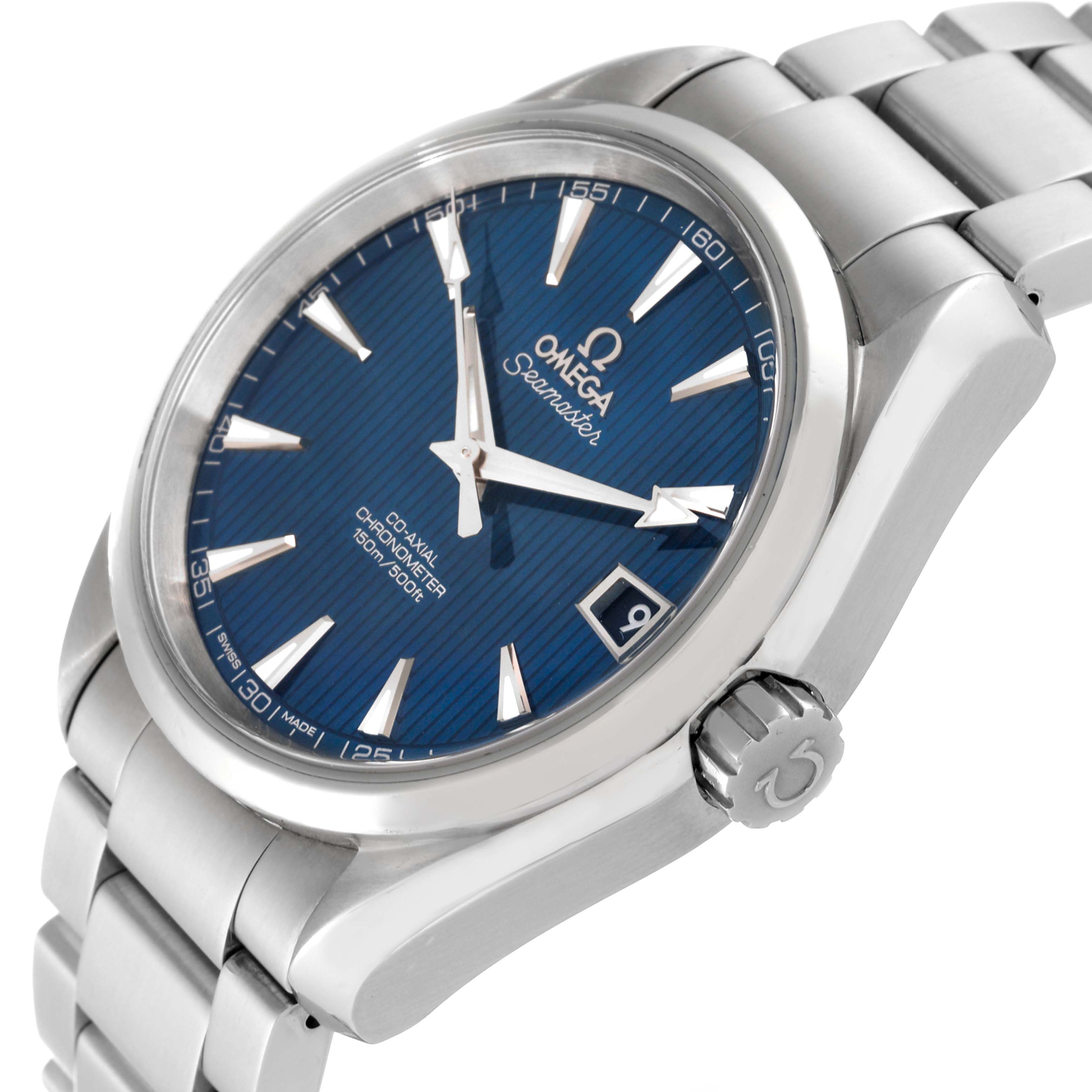 The Omega Aqua Terra 231.10.39.21.03.001 Men
s Stainless Steel Blue Dial 231.10.39.21.03.001 Men
s Stainless Steel Blue Dial watch is shown at an angled close-up, highlighting the blue dial and steel bracelet.