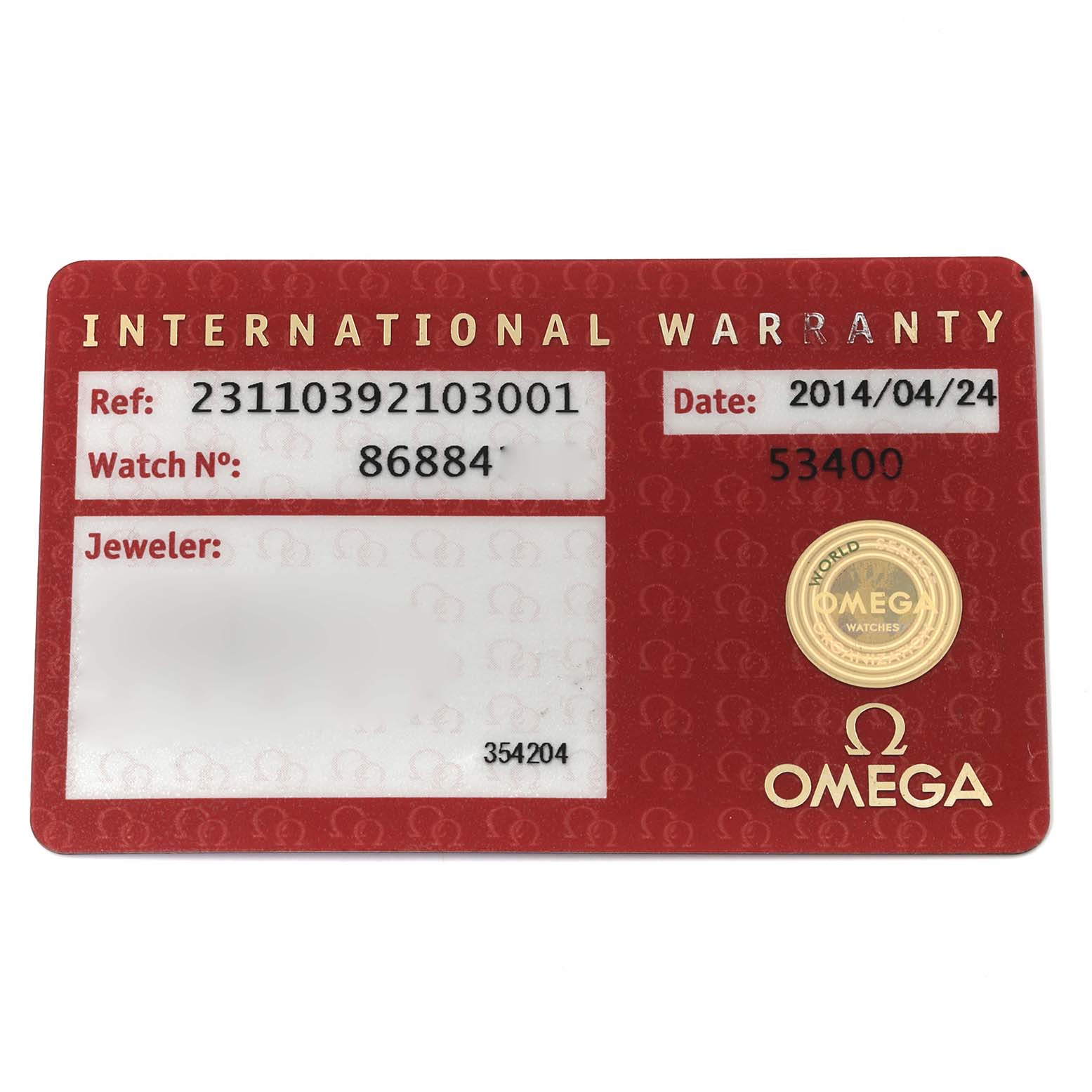 The image shows the international warranty card for the Omega Aqua Terra 231.10.39.21.03.001 Men
s Stainless Steel Blue Dial 231.10.39.21.03.001 Men
s Stainless Steel Blue Dial watch model.