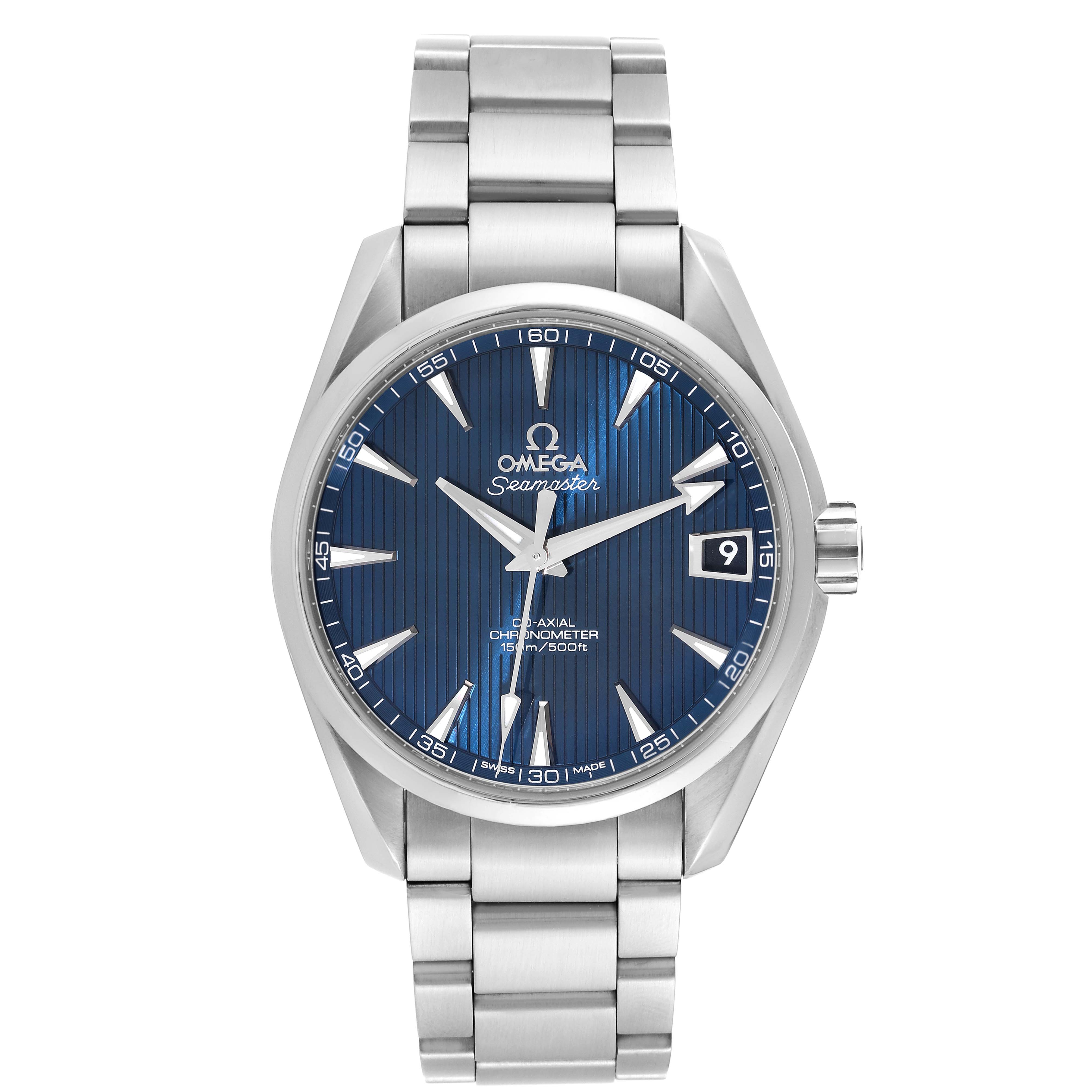 The image shows a front view of the Omega Seamaster Aqua Terra watch, displaying the dial, hands, date window, and metal bracelet.