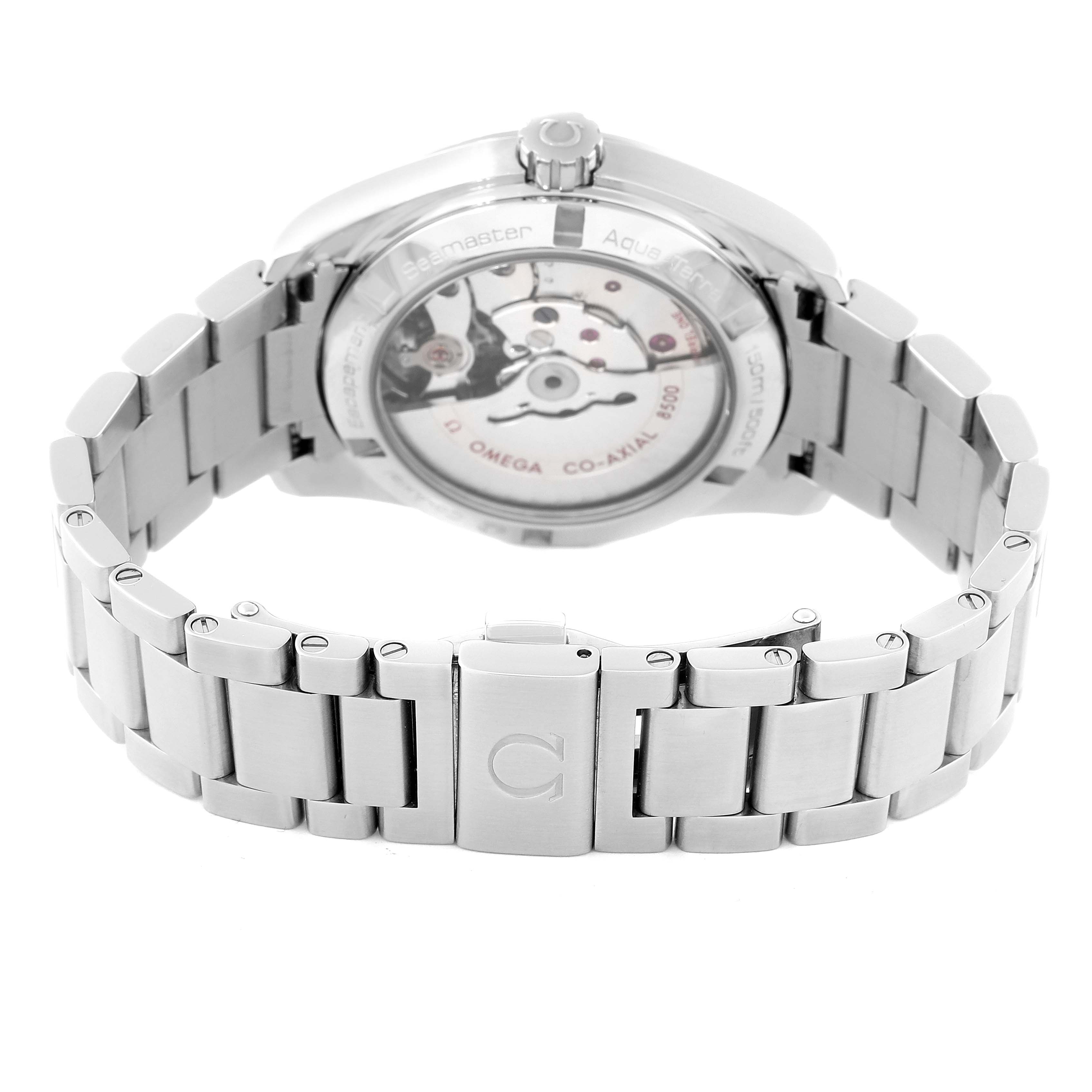 The image shows the back view of an Omega Aqua Terra 231.10.39.21.03.001 Men
s Stainless Steel Blue Dial 231.10.39.21.03.001 Men
s Stainless Steel Blue Dial watch, highlighting its stainless steel bracelet and transparent case back.