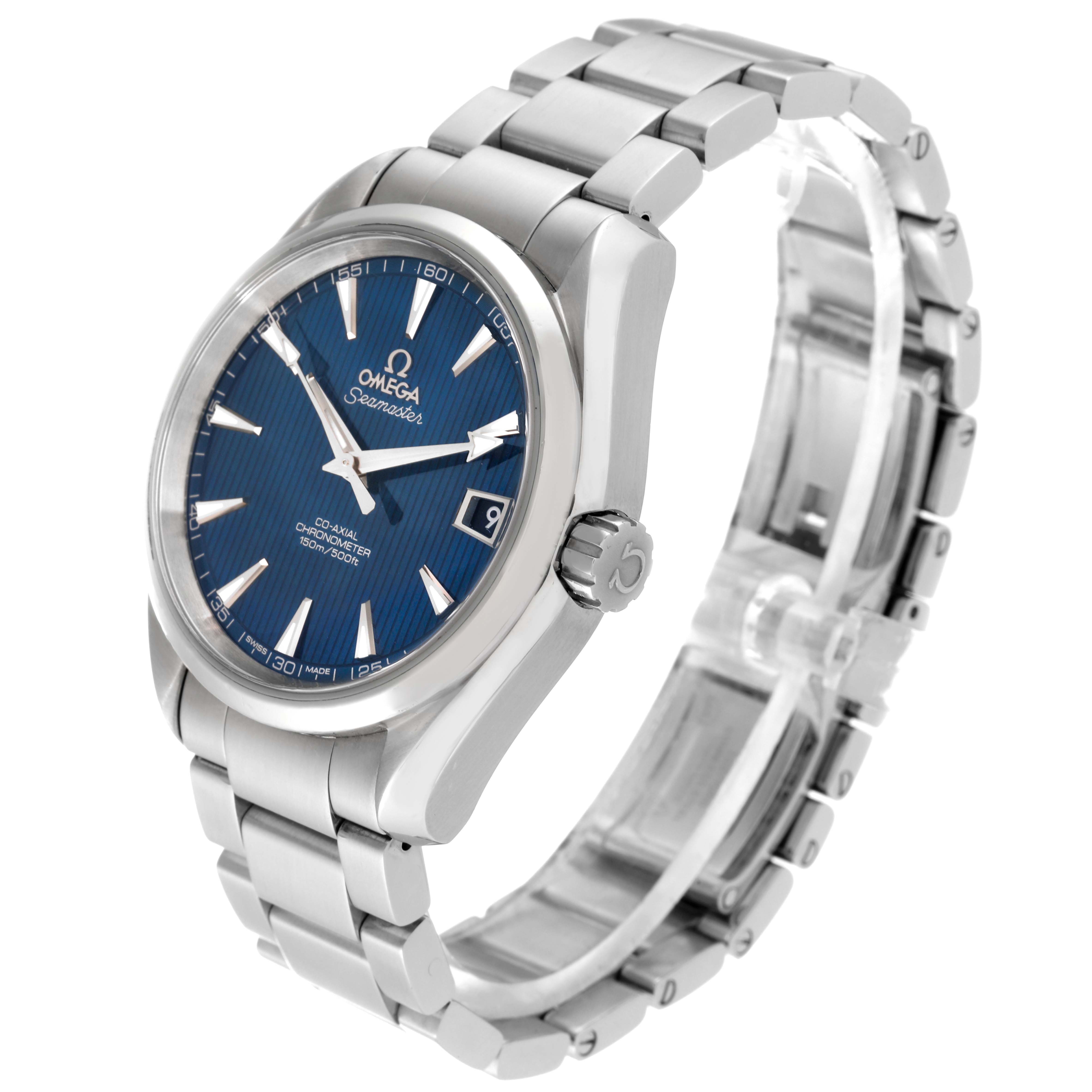The Omega Aqua Terra 231.10.39.21.03.001 Men
s Stainless Steel Blue Dial 231.10.39.21.03.001 Men
s Stainless Steel Blue Dial watch is displayed at an angle showing the face, bezel, crown, and part of the bracelet.