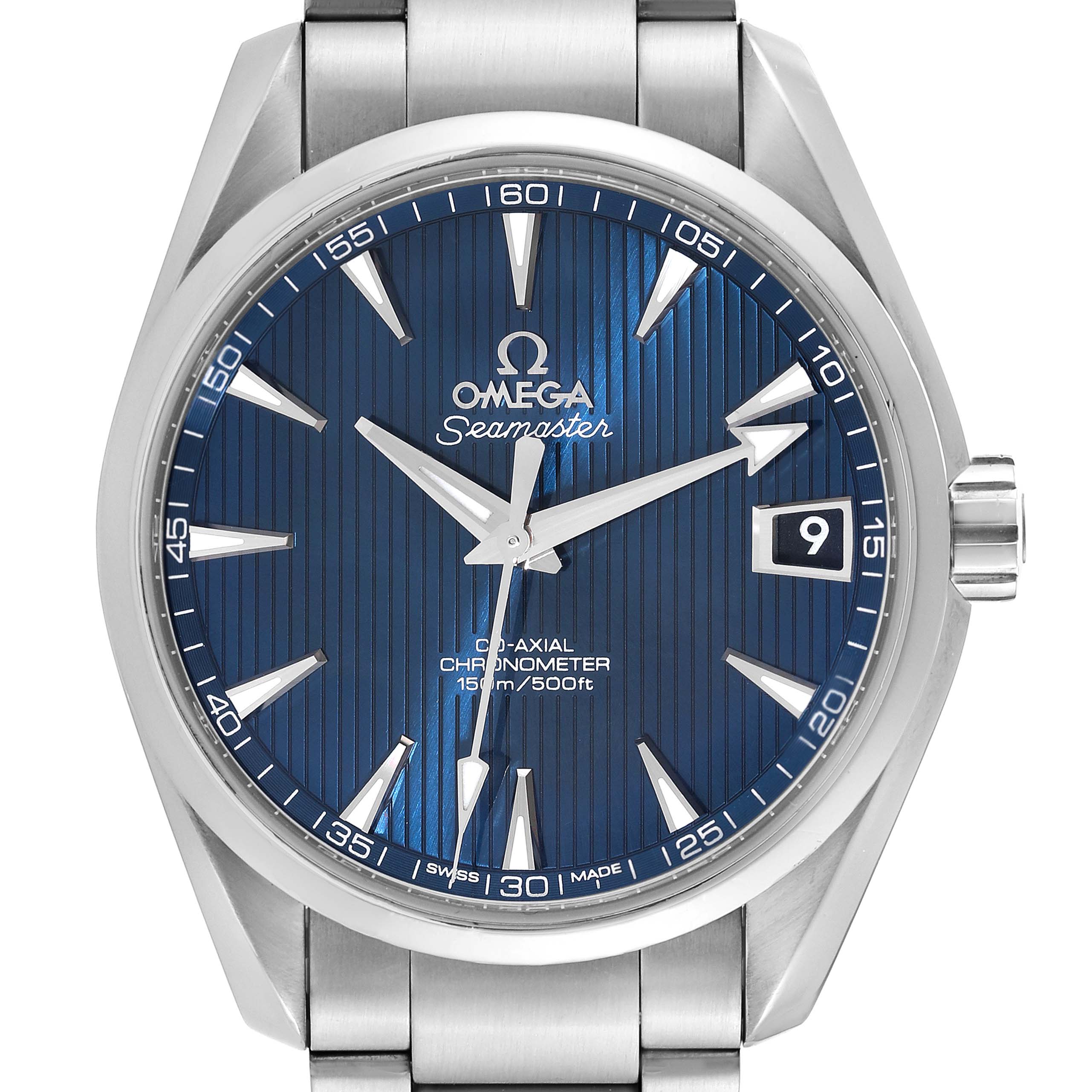 The image shows a front view of the Omega Aqua Terra 231.10.39.21.03.001 Men
s Stainless Steel Blue Dial 231.10.39.21.03.001 Men
s Stainless Steel Blue Dial model watch, highlighting its blue dial and stainless steel bracelet.