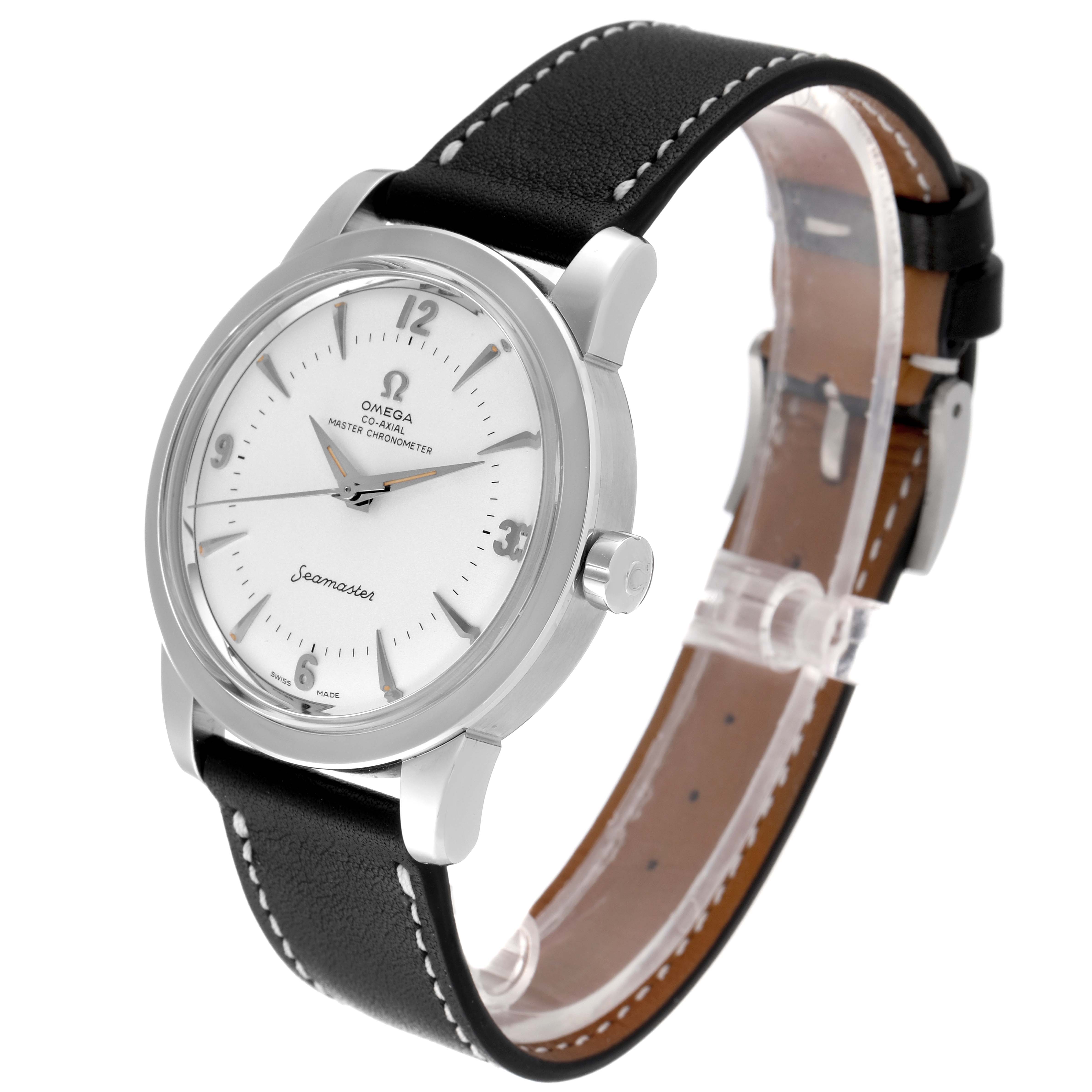 This Omega Seamaster 511.13.38.20.02.001 Men's Stainless Steel Silver Dial 511.13.38.20.02.001 Men's Stainless Steel Silver Dial watch is shown at a 3/4 angle, displaying the face, crown, and leather strap with stitching.