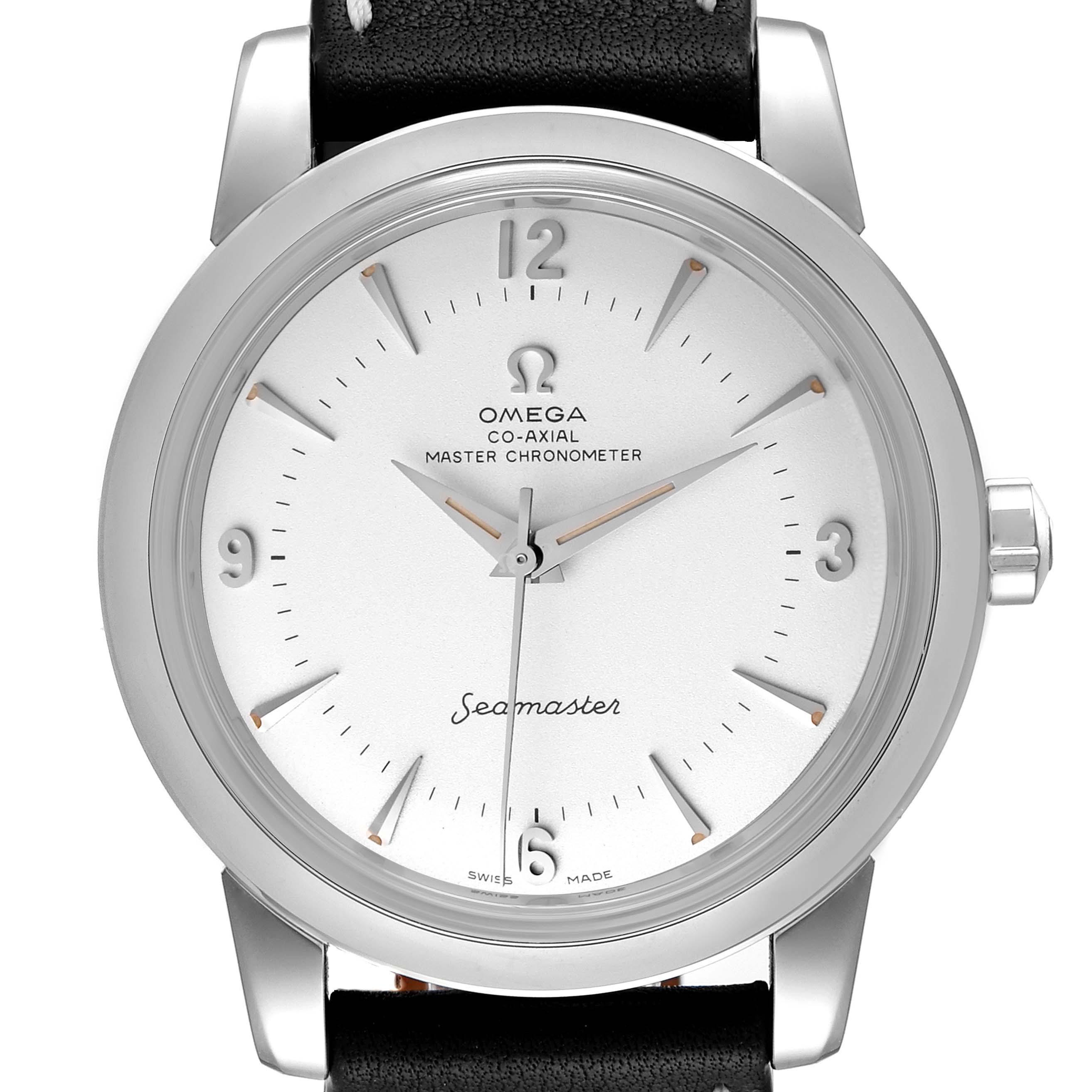 Front view of the Omega Seamaster 511.13.38.20.02.001 Men's Stainless Steel Silver Dial 511.13.38.20.02.001 Men's Stainless Steel Silver Dial watch, displaying the dial, hands, crown, and part of the leather strap.