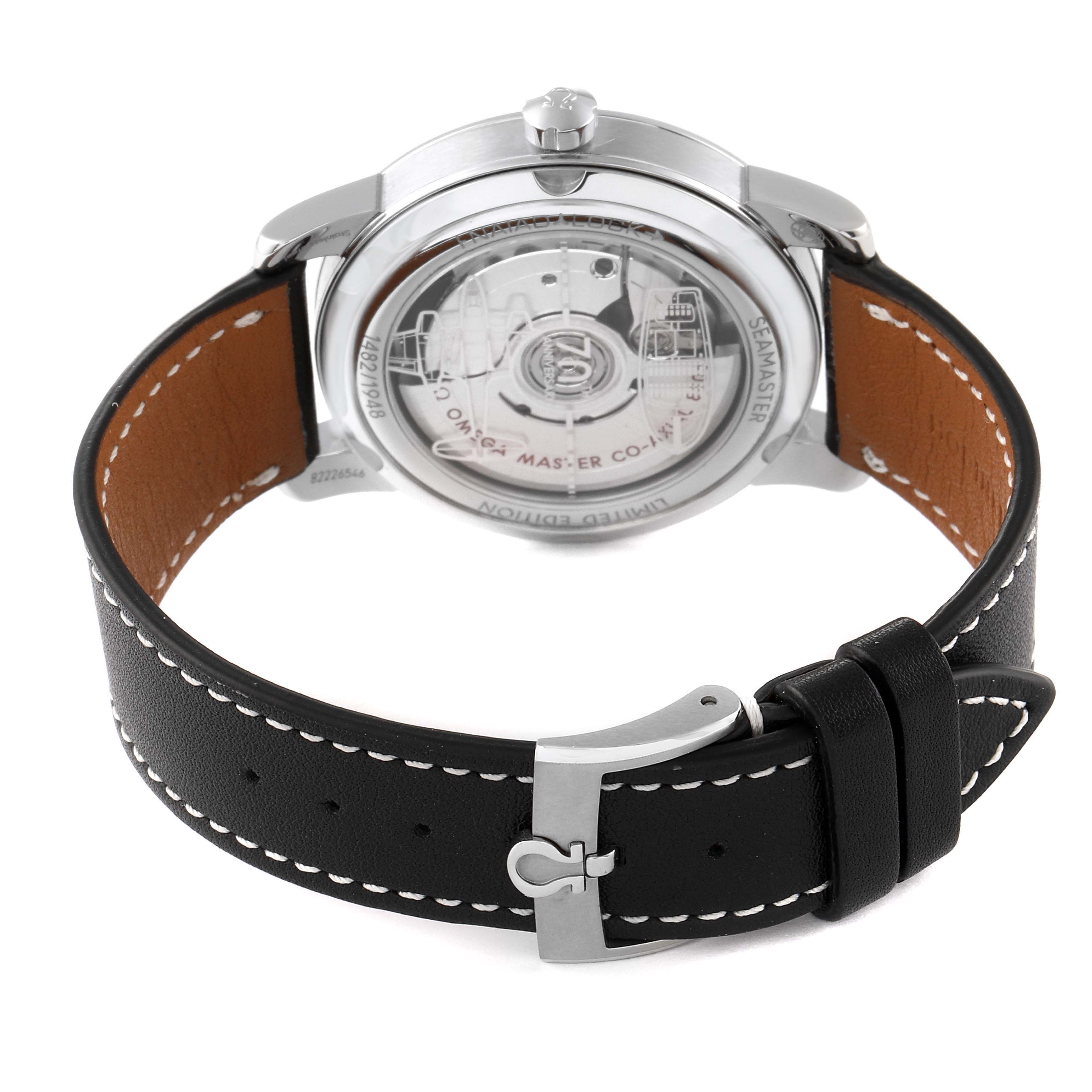 This Omega Seamaster 511.13.38.20.02.001 Men's Stainless Steel Silver Dial 511.13.38.20.02.001 Men's Stainless Steel Silver Dial watch is shown from the back, highlighting the transparent case back, movement, and black leather strap.