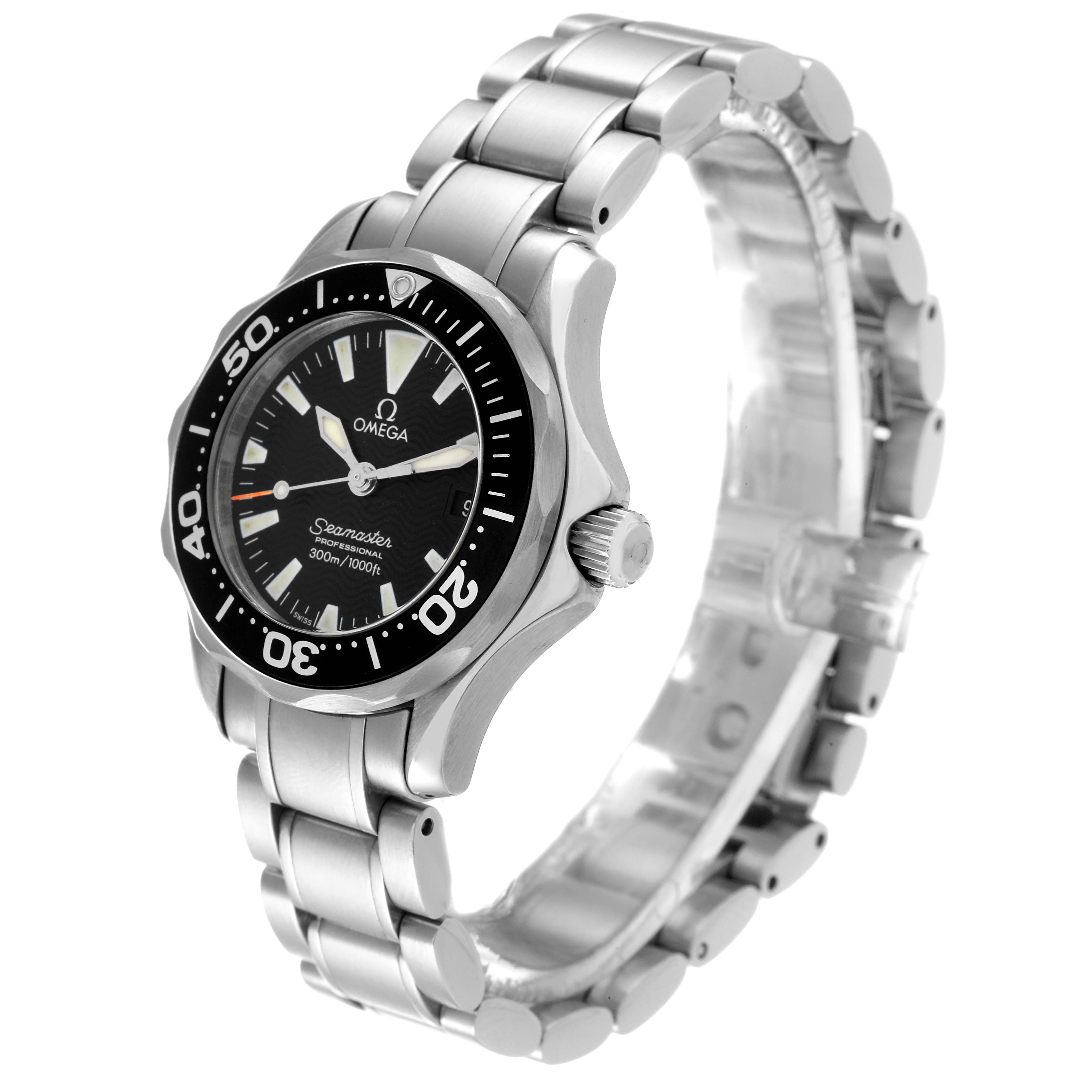 The Omega 2284.50.00 Women's Stainless Steel Black Dial 2284.50.00 Women's Stainless Steel Black Dial Seamaster Diver 300M 28mm Steel Ladies Watch 2284.50.00 is shown at a three-quarter angle, displaying the face and bracelet.