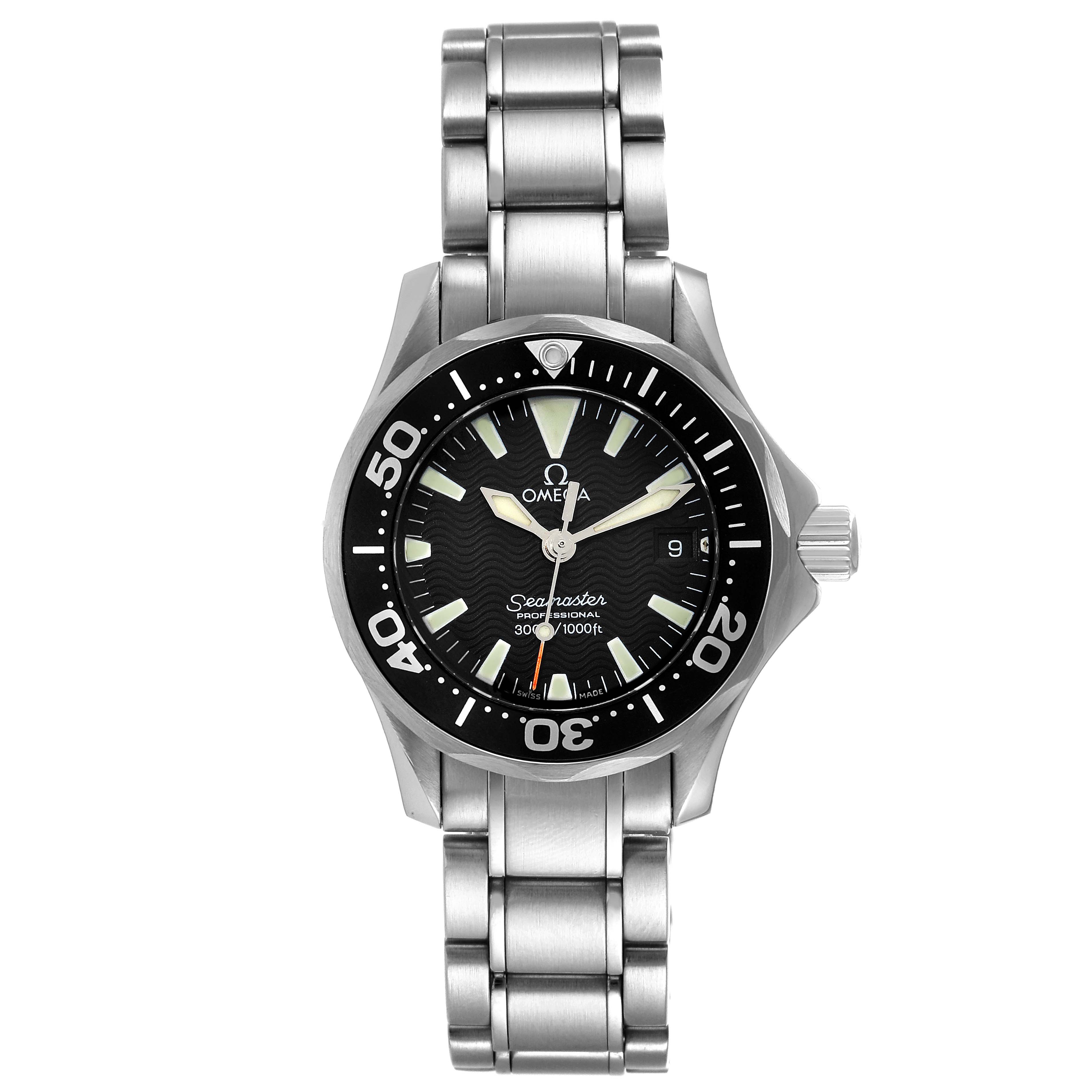 The image shows a front view of the Omega 2284.50.00 Women's Stainless Steel Black Dial 2284.50.00 Women's Stainless Steel Black Dial Seamaster Diver 300M 28mm Steel Ladies Watch 2284.50.00, displaying the dial, bezel, and bracelet.
