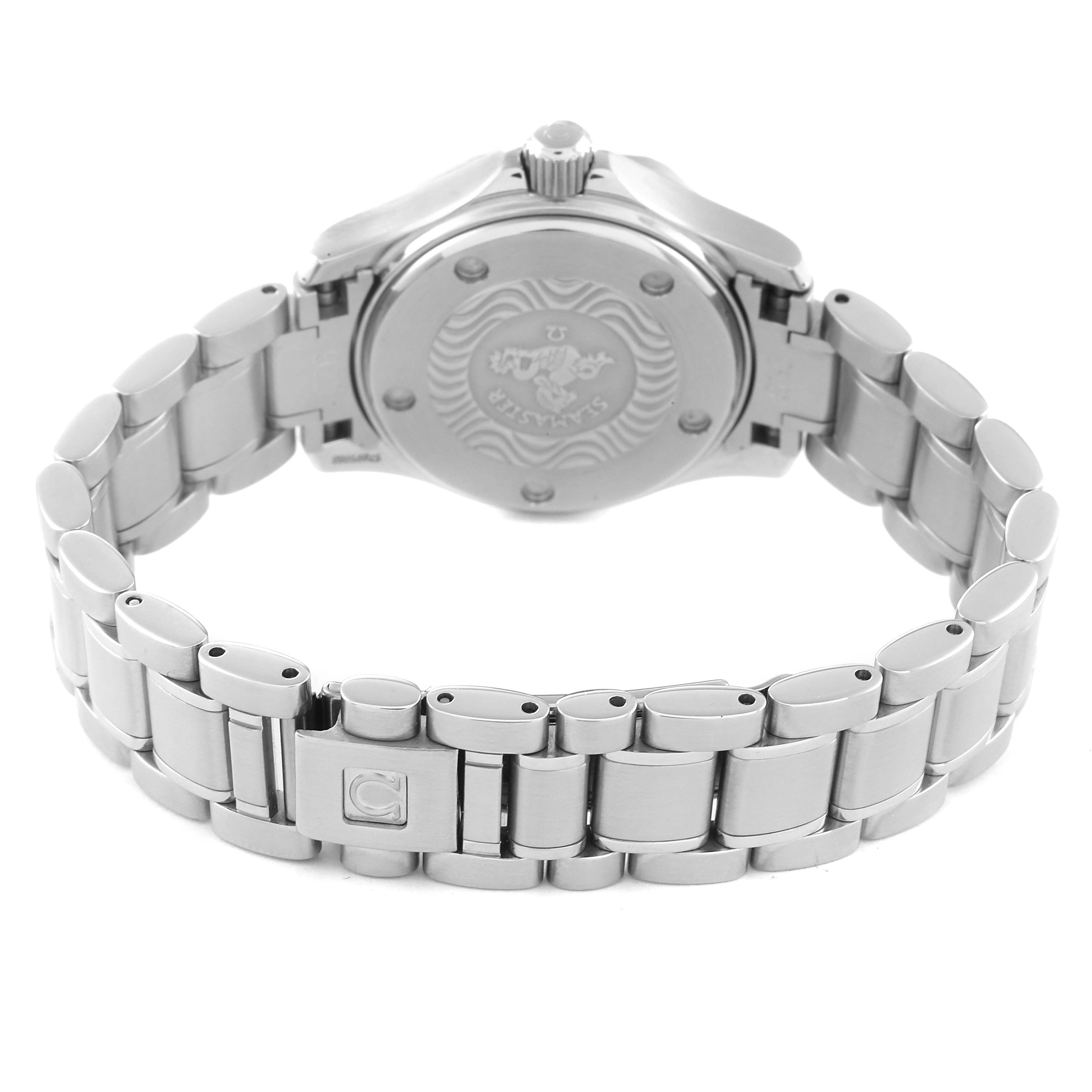 The image shows the back view of the Omega 2284.50.00 Women's Stainless Steel Black Dial 2284.50.00 Women's Stainless Steel Black Dial Seamaster Diver 300M 28mm Steel Ladies Watch 2284.50.00, highlighting its clasp and bracelet.