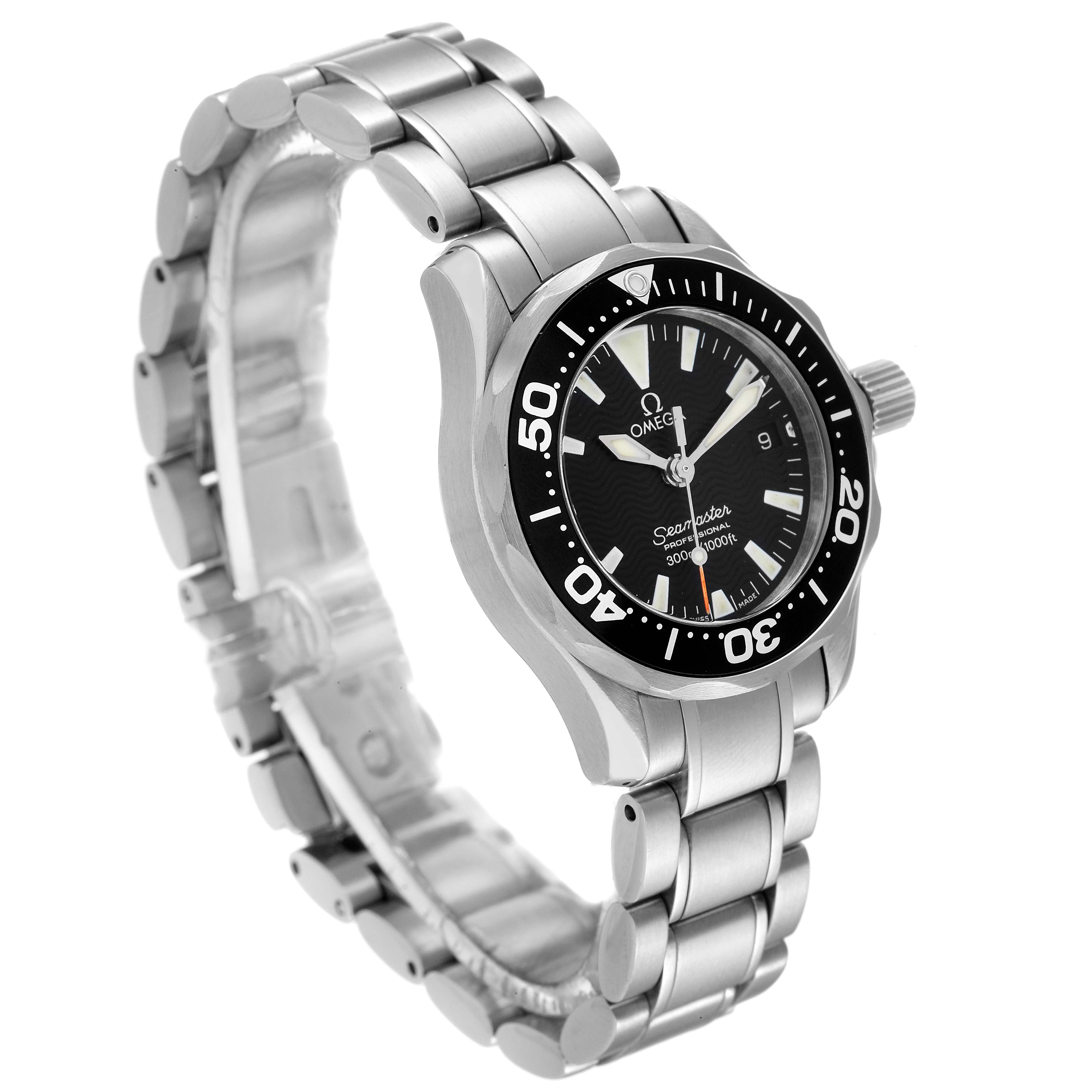 The image shows an angled view of the Omega 2284.50.00 Women's Stainless Steel Black Dial 2284.50.00 Women's Stainless Steel Black Dial Seamaster Diver 300M 28mm Steel Ladies Watch 2284.50.00, highlighting the dial, bezel, and bracelet.