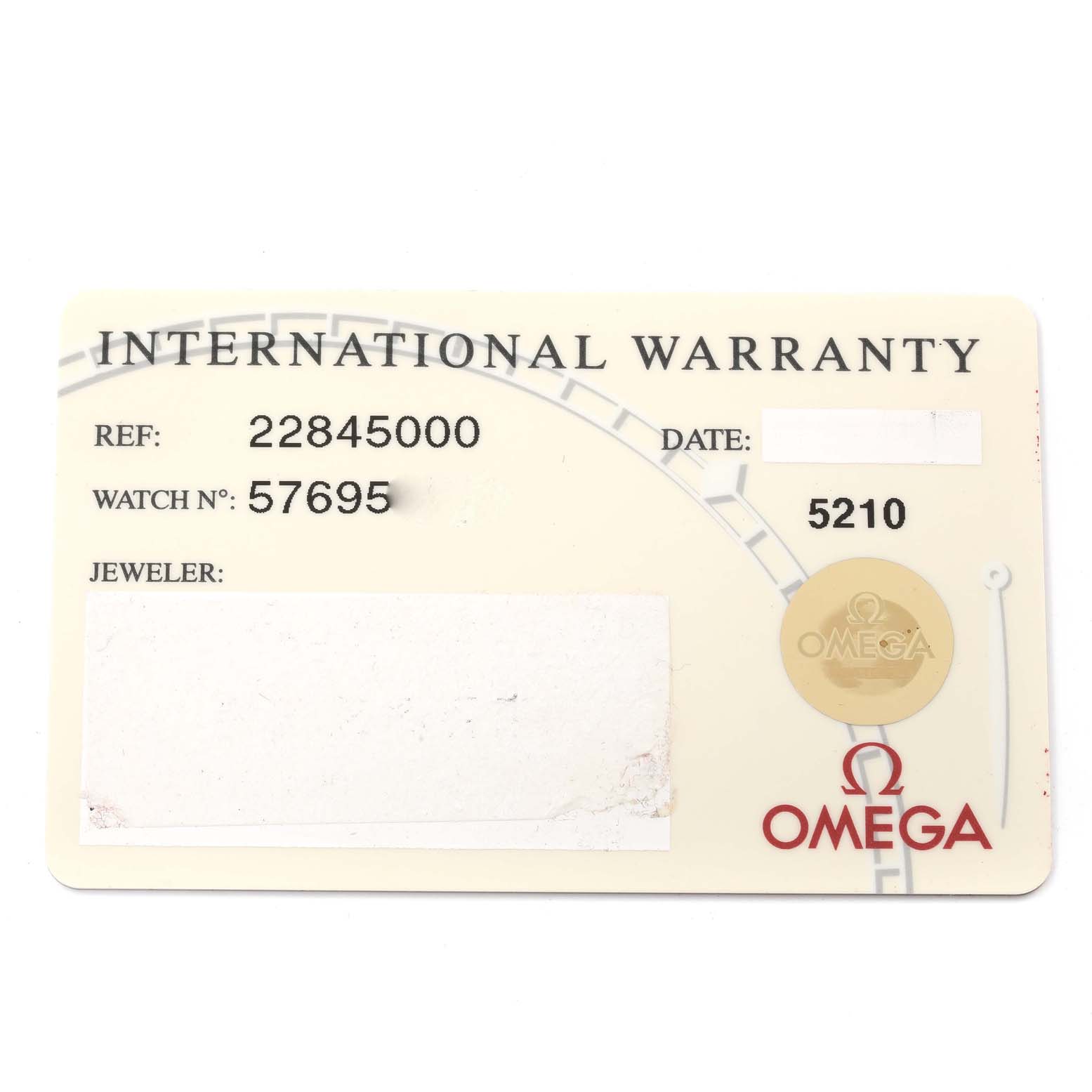 This image shows an International Warranty Card for the Omega 2284.50.00 Women's Stainless Steel Black Dial 2284.50.00 Women's Stainless Steel Black Dial Seamaster Diver 300M 28mm Steel Ladies Watch model 2284.50.00.