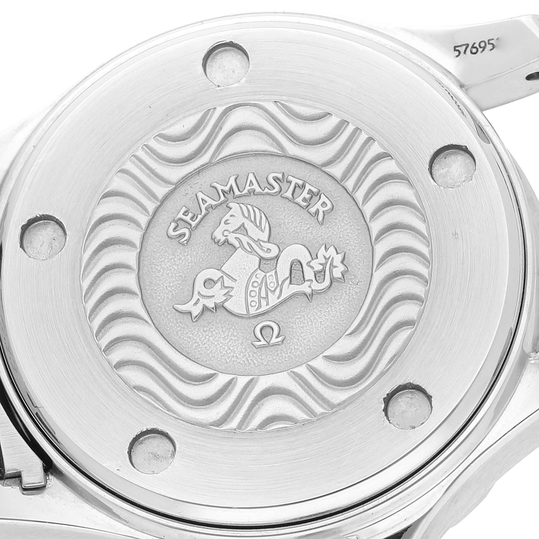 This image shows the case back of the Omega 2284.50.00 Women's Stainless Steel Black Dial 2284.50.00 Women's Stainless Steel Black Dial Seamaster Diver 300M 28mm Steel Ladies Watch 2284.50.00.