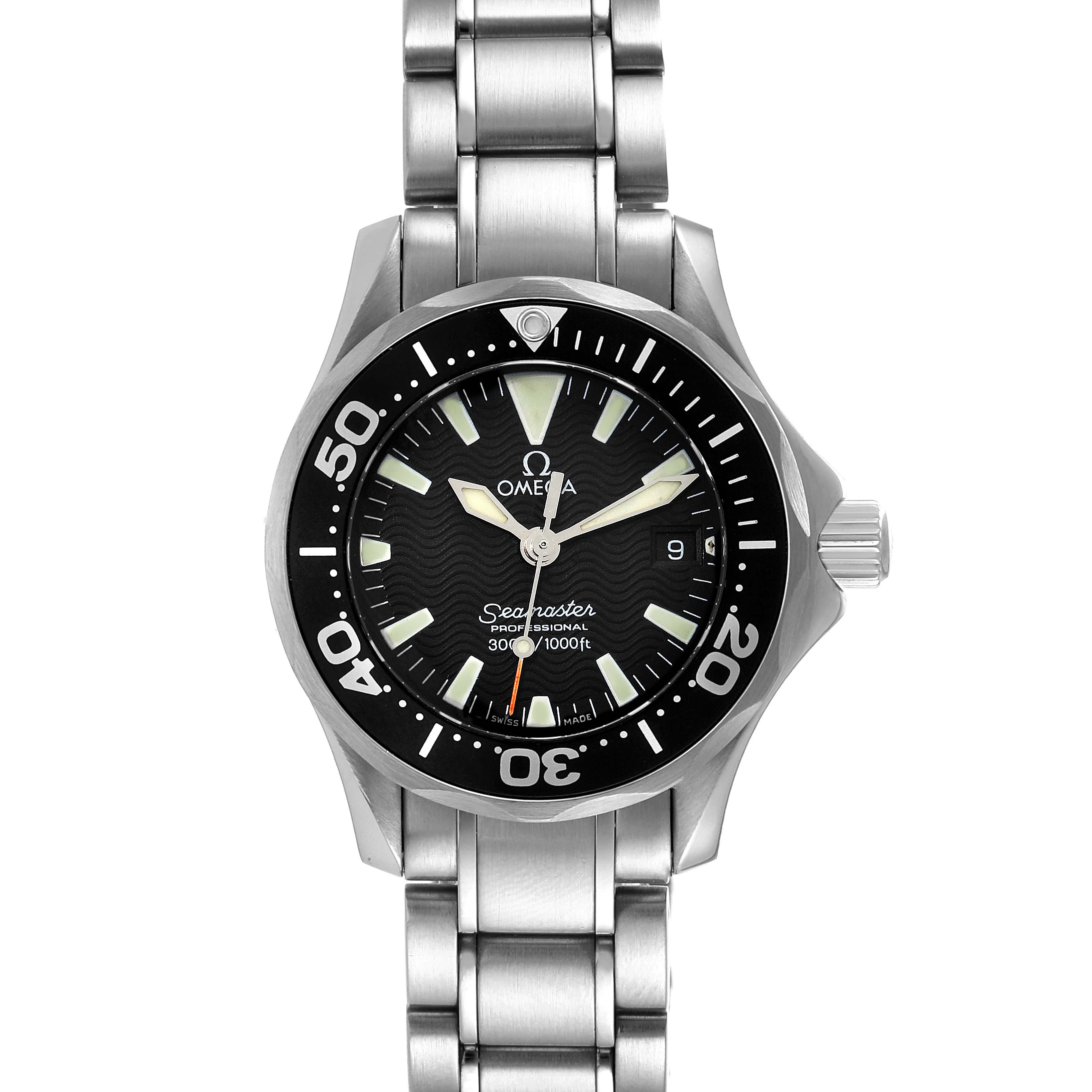 This image shows a front view of the Omega 2284.50.00 Women's Stainless Steel Black Dial 2284.50.00 Women's Stainless Steel Black Dial Seamaster Diver 300M 28mm Steel Ladies Watch 2284.50.00.