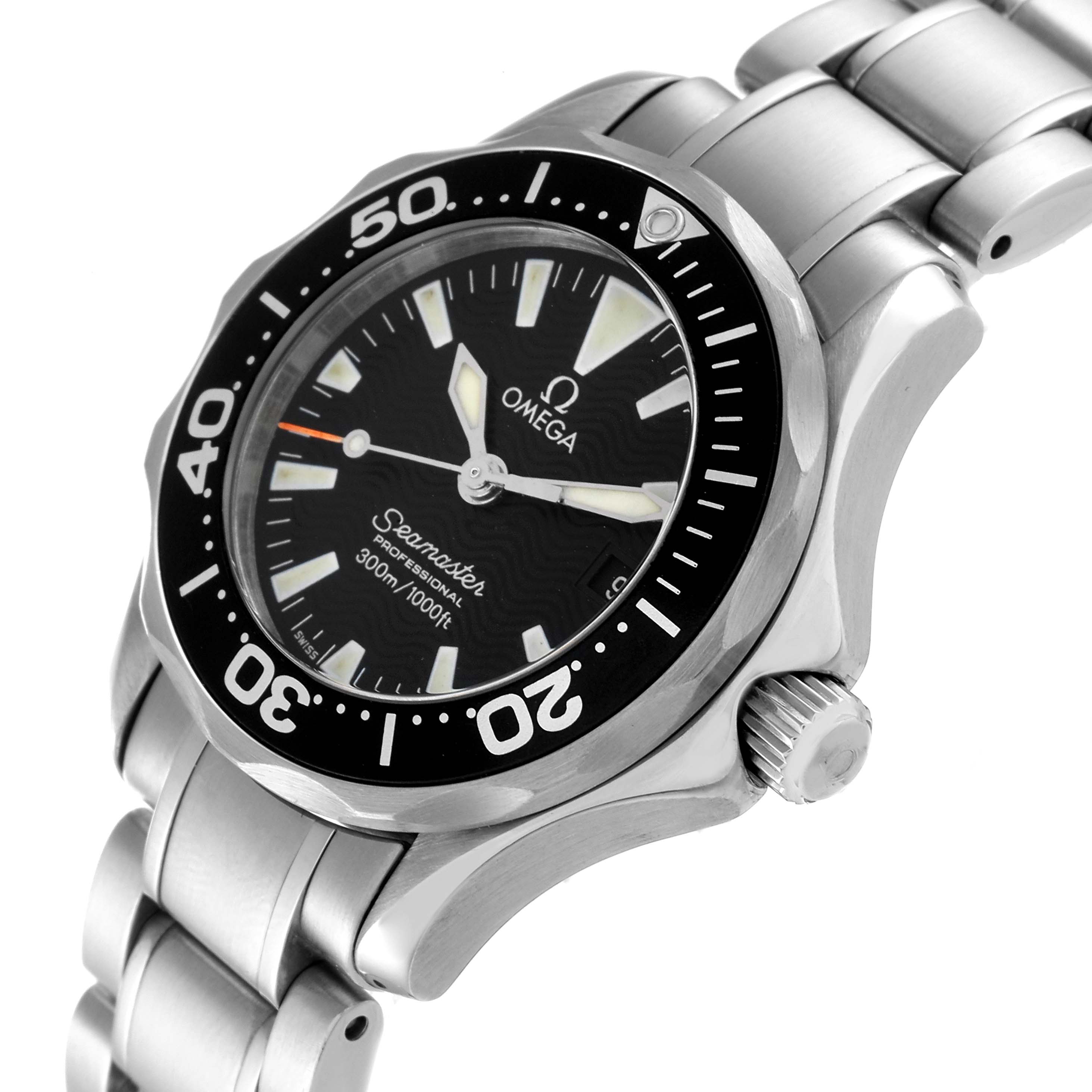 The image shows an angled view of the Omega 2284.50.00 Women's Stainless Steel Black Dial 2284.50.00 Women's Stainless Steel Black Dial Seamaster Diver 300M 28mm Steel Ladies Watch 2284.50.00, highlighting its dial and bracelet.