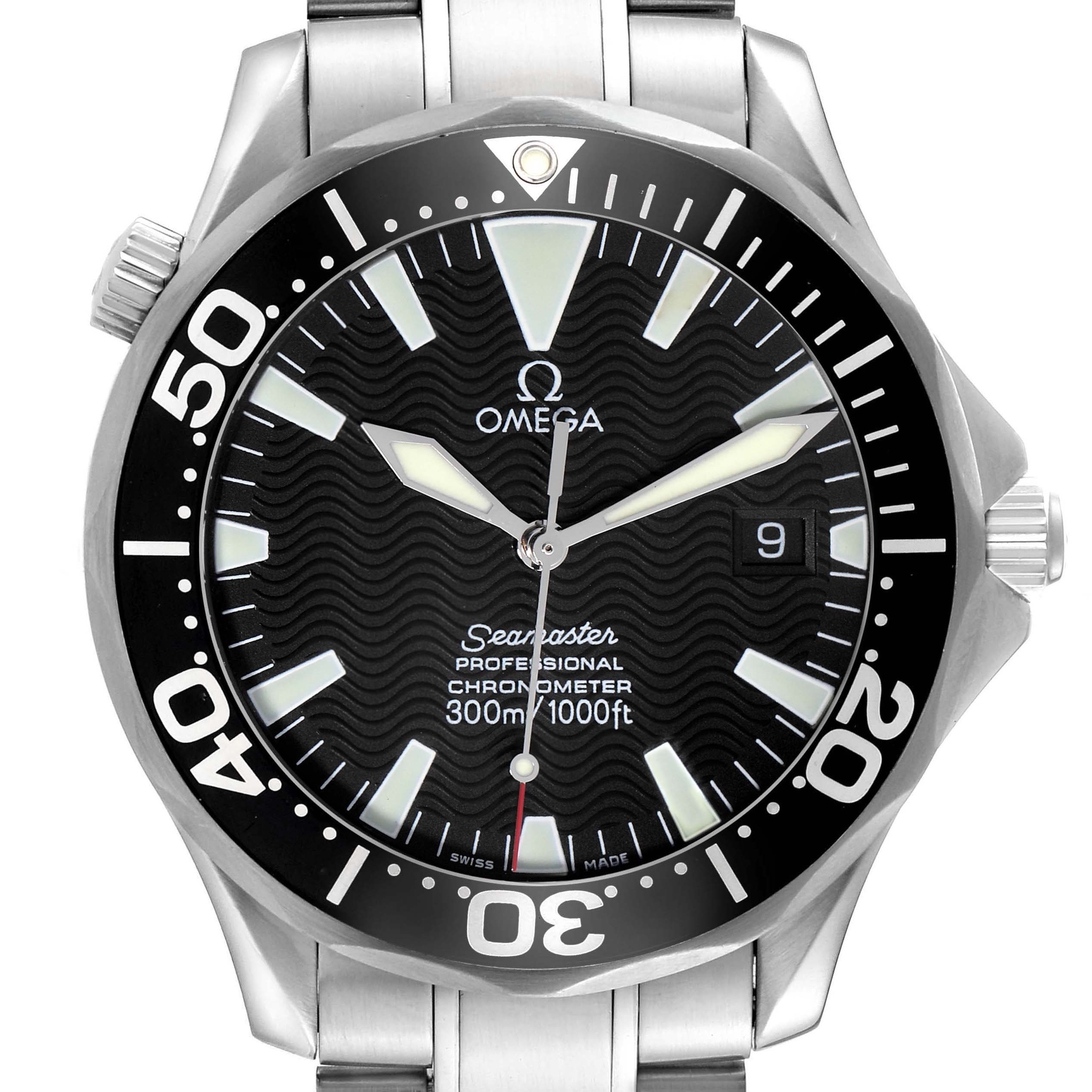 The Omega Seamaster 2254.50.00 Men
s Stainless Steel Black Dial 2254.50.00 Men
s Stainless Steel Black Dial watch is shown from the front, featuring its dial, bezel, crown, and part of the bracelet.