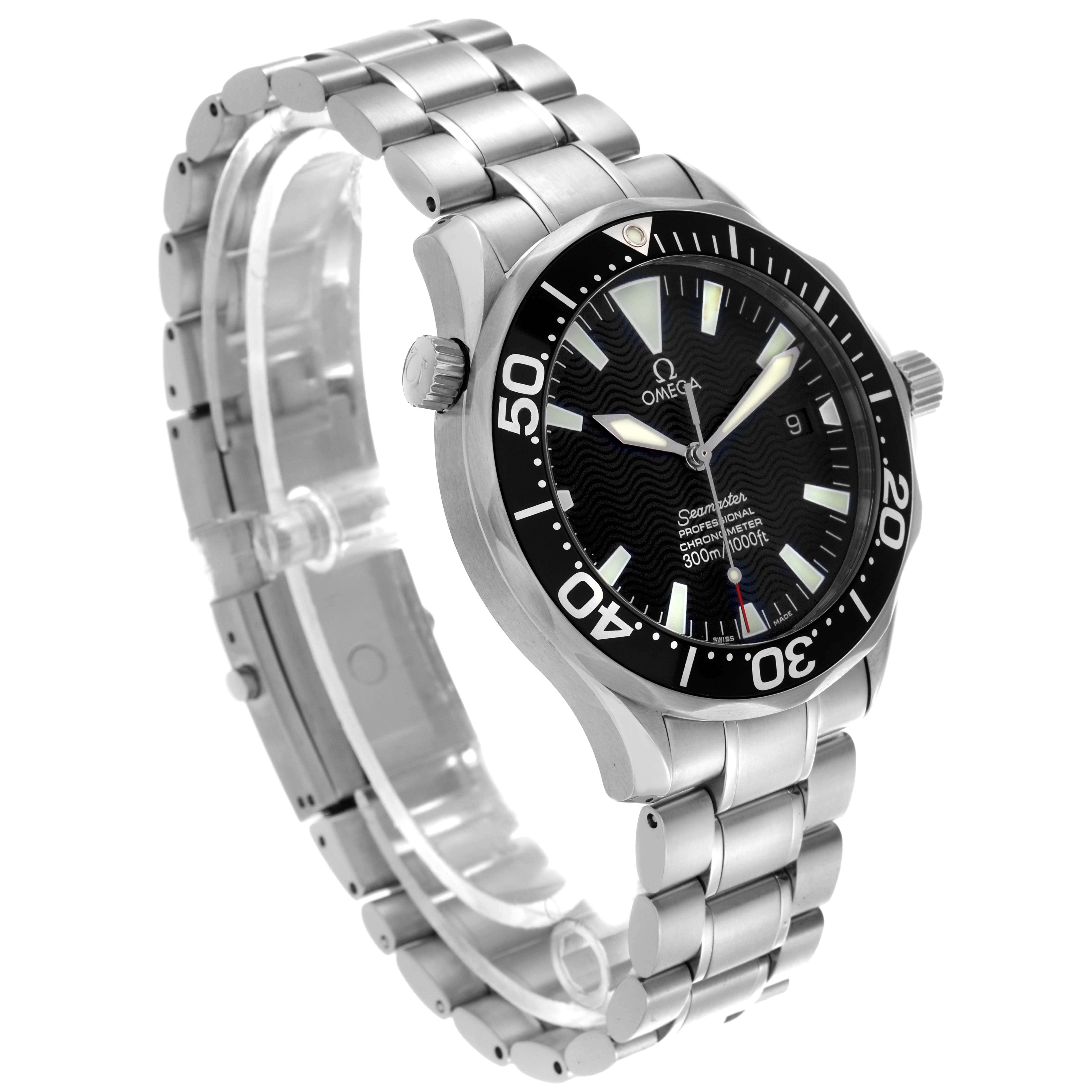 The Omega Seamaster 2254.50.00 Men
s Stainless Steel Black Dial 2254.50.00 Men
s Stainless Steel Black Dial watch is shown at a side angle, displaying its stainless steel bracelet, case, and black dial with a bezel.