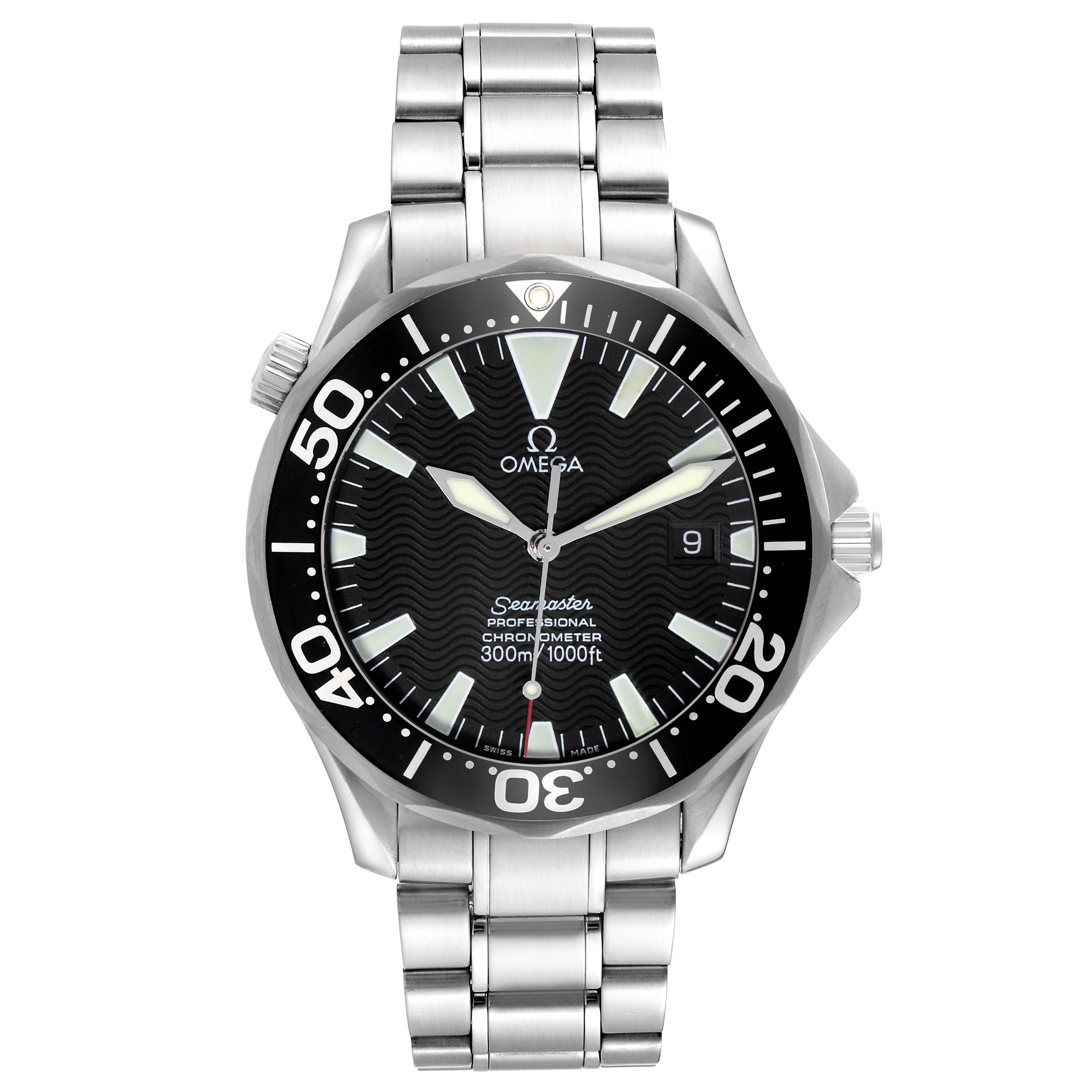 The Omega Seamaster 2254.50.00 Men
s Stainless Steel Black Dial 2254.50.00 Men
s Stainless Steel Black Dial watch is shown from a front angle, displaying the dial, bezel, and metal bracelet.
