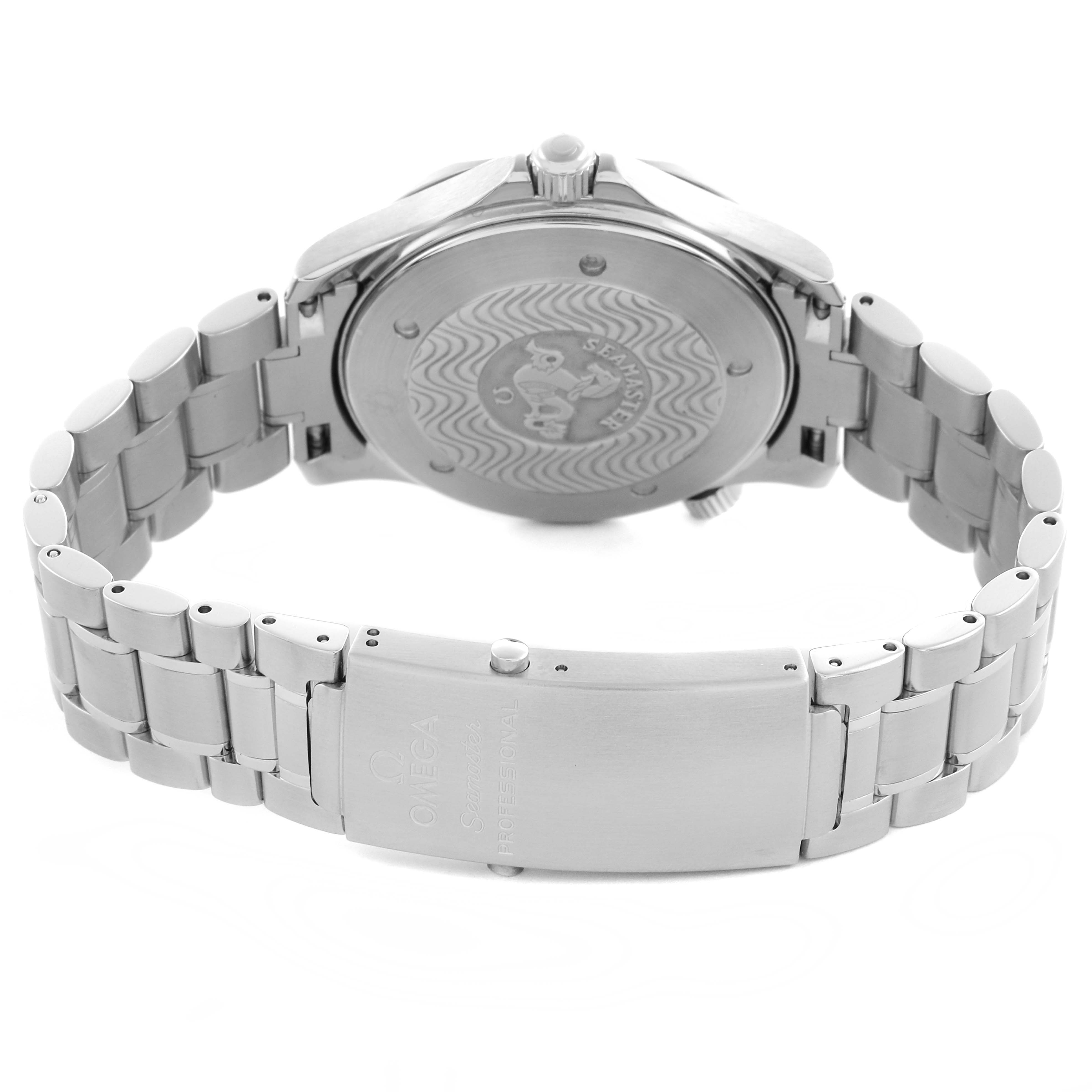 The Omega Seamaster 2254.50.00 Men
s Stainless Steel Black Dial 2254.50.00 Men
s Stainless Steel Black Dial watch is shown from the back, highlighting the case back and metal bracelet with the clasp open.