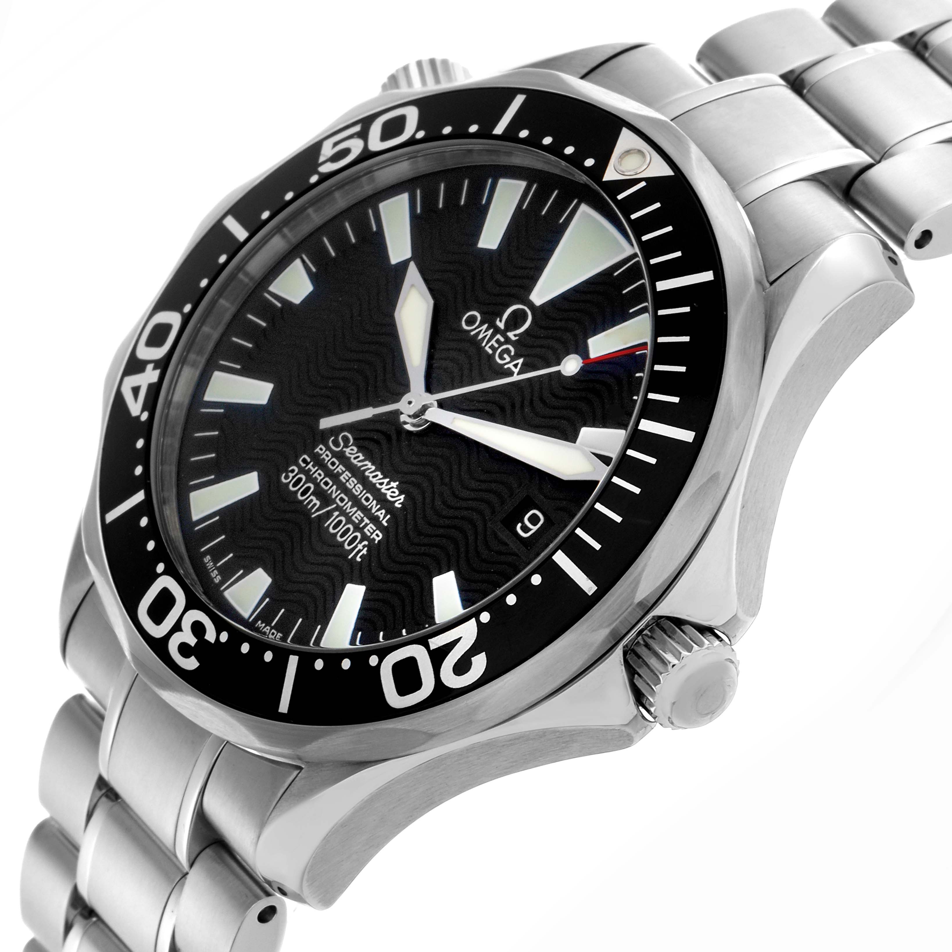 The Omega Seamaster 2254.50.00 Men
s Stainless Steel Black Dial 2254.50.00 Men
s Stainless Steel Black Dial watch is shown at an angled side view, highlighting the bezel, dial, bracelet, and crown.