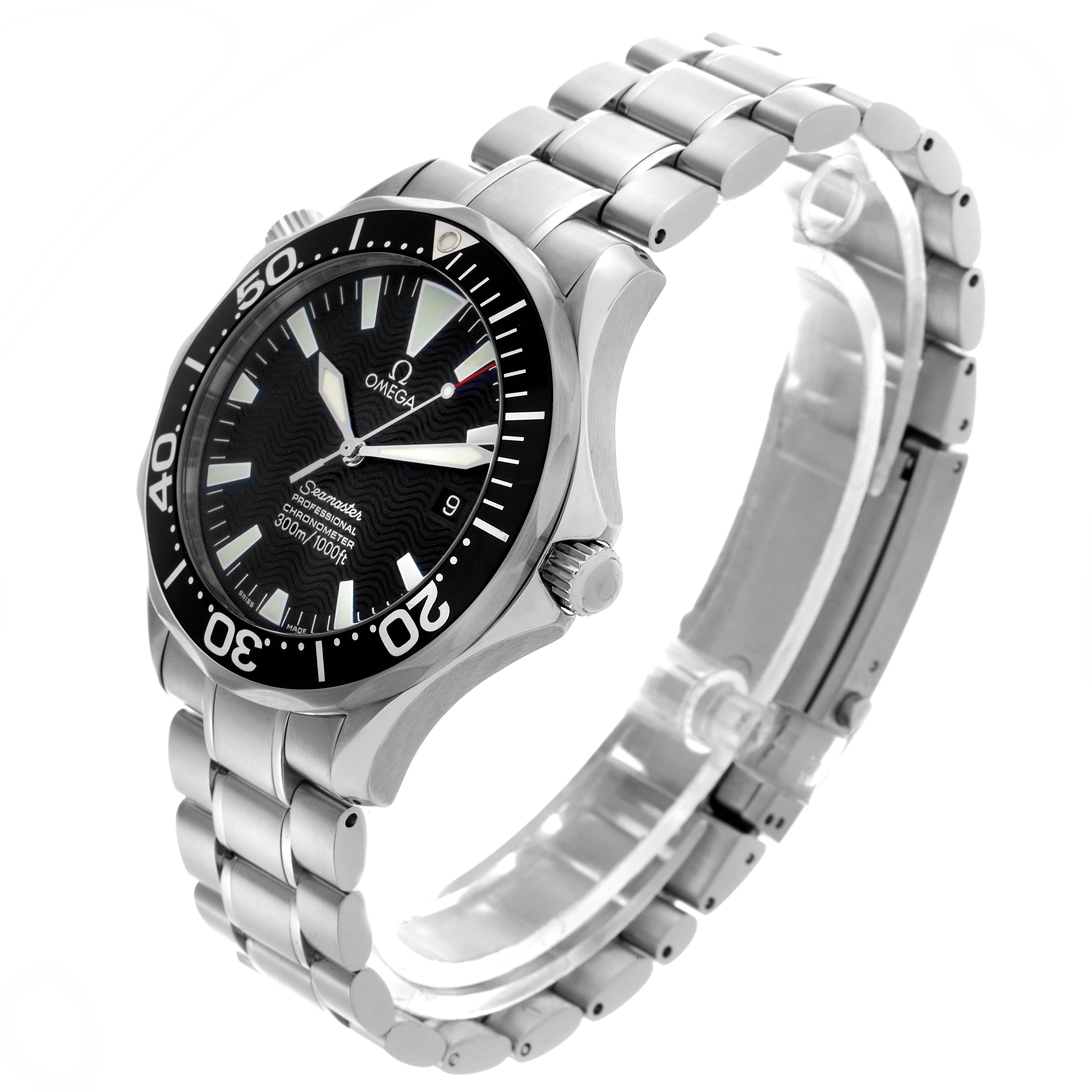 The Omega Seamaster 2254.50.00 Men
s Stainless Steel Black Dial 2254.50.00 Men
s Stainless Steel Black Dial watch is shown at an angled side view, highlighting the bezel, crown, dial, and bracelet.