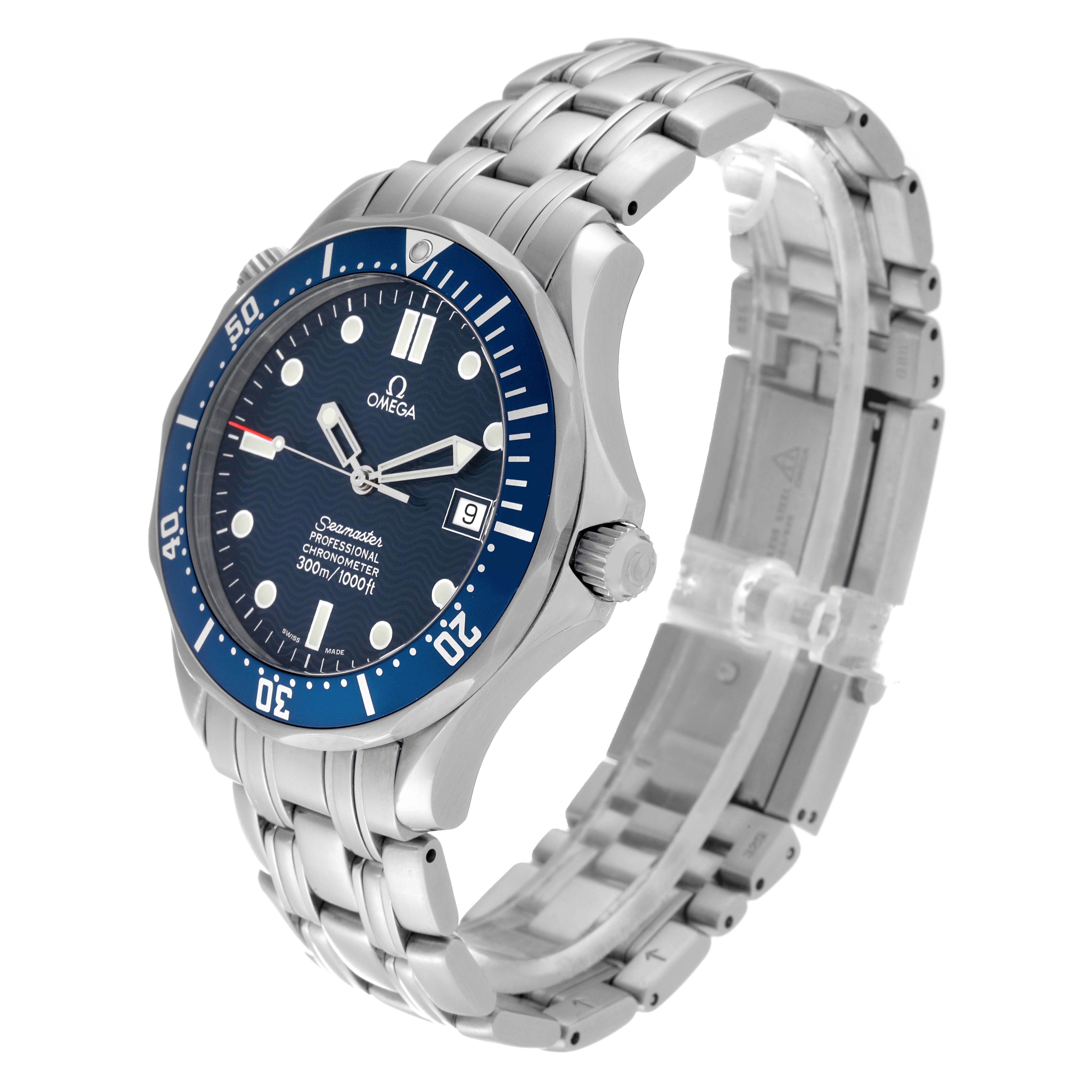 The image shows a side and angled view of the Omega Seamaster 2531.80.00 Men
s Stainless Steel Blue Dial 2531.80.00 Men
s Stainless Steel Blue Dial watch, highlighting the bezel, dial, crown, and metal bracelet.
